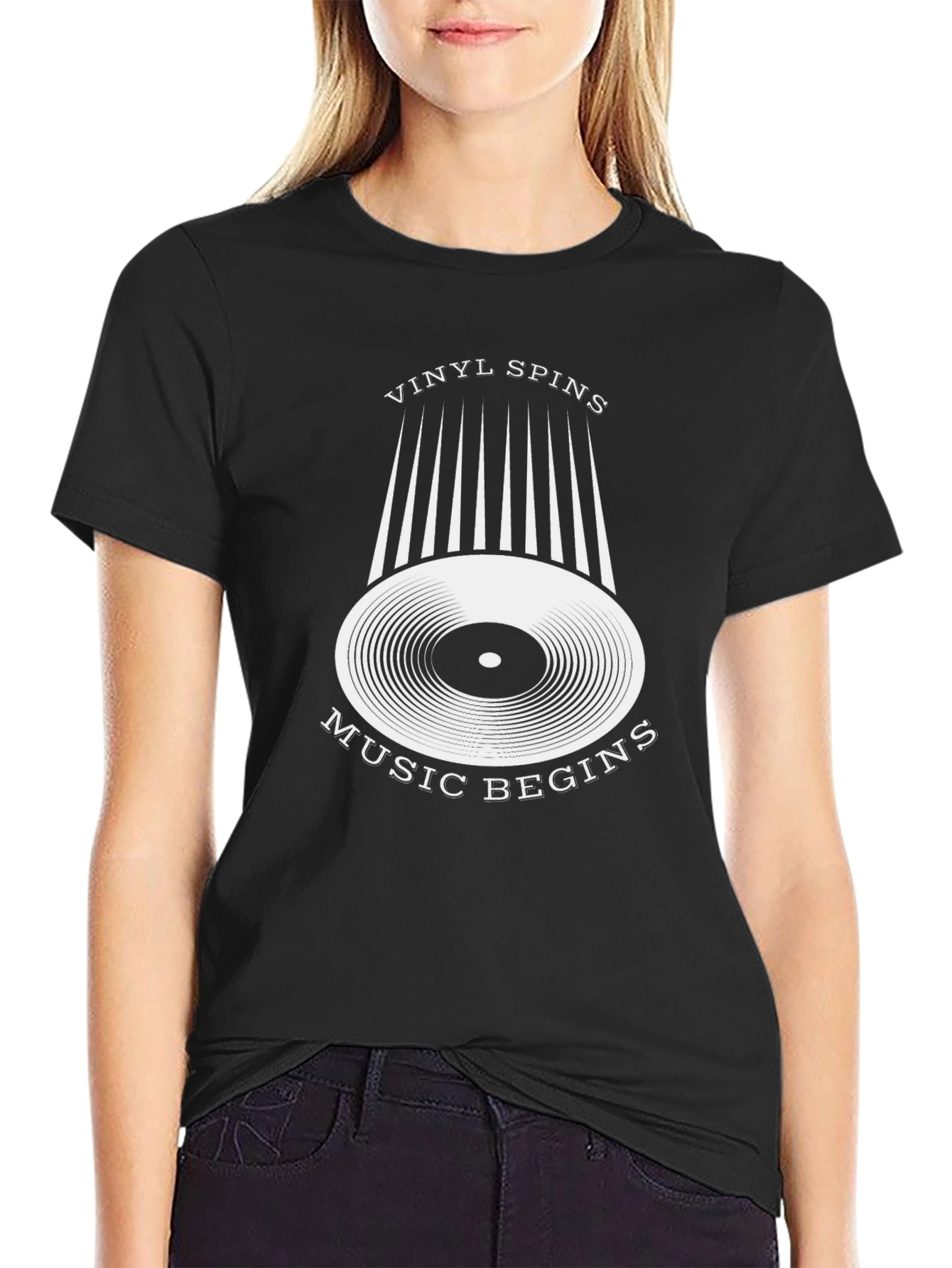 Vinyl Spins Music Begins Black Graphic Tee