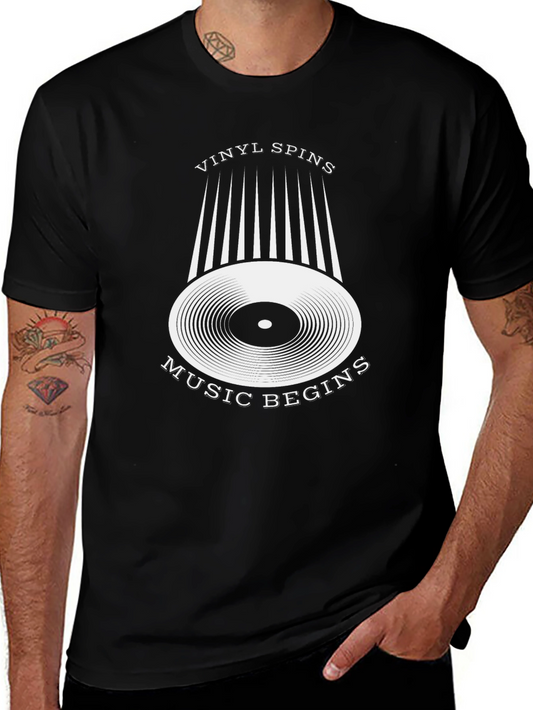Vinyl Spins Music Begins Black Graphic Tee