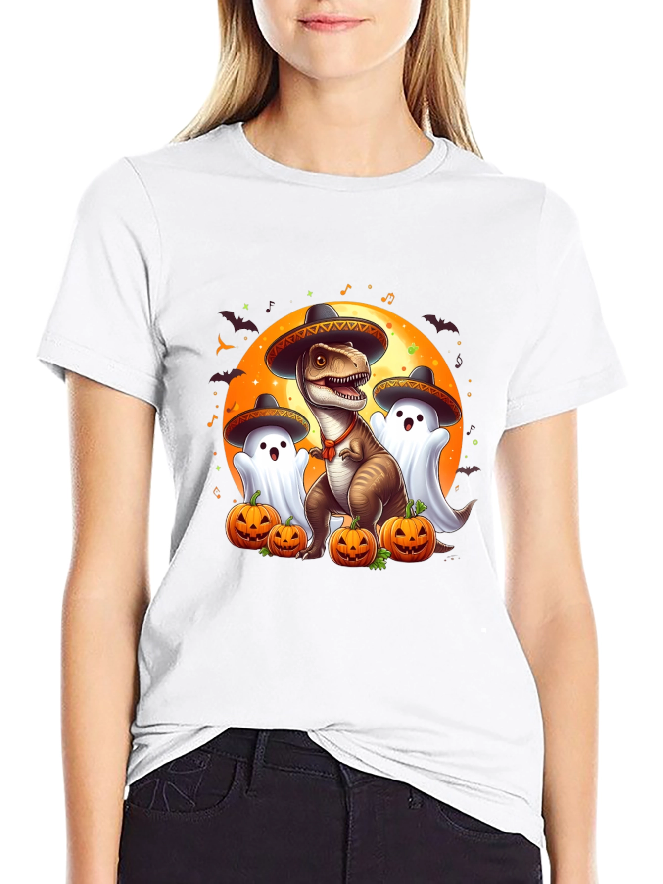 Halloween T-Rex Ghost Pumpkin Graphic Tee