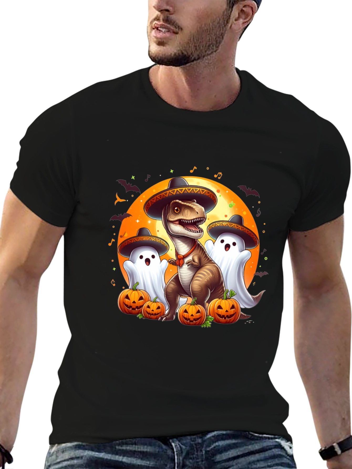 Halloween T-Rex Ghost Pumpkin Graphic Tee
