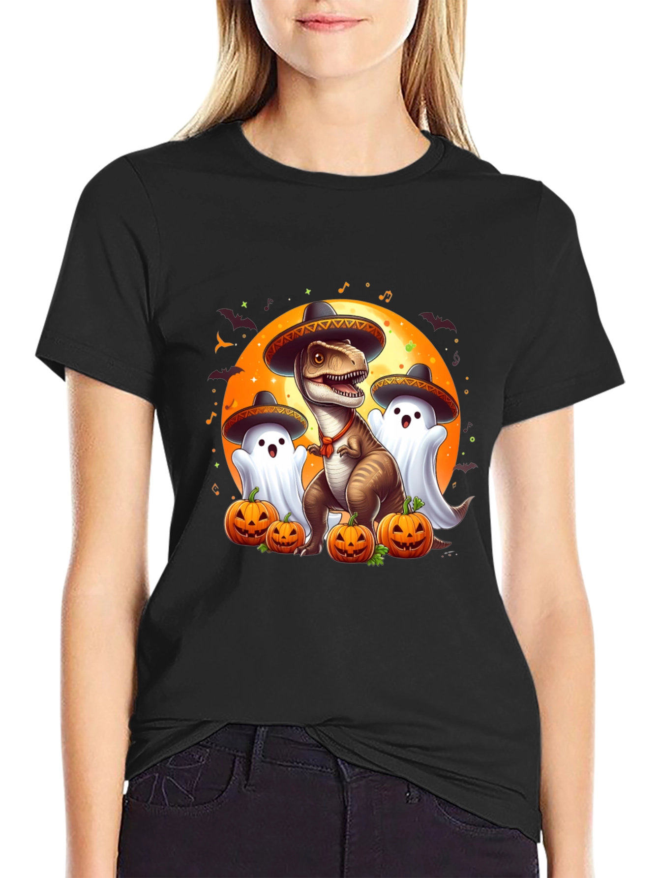 Halloween T-Rex Ghost Pumpkin Graphic Tee