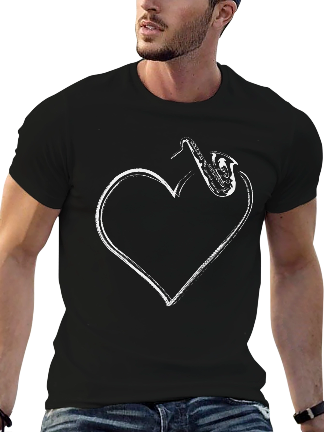 Saxophone Heart Graphic Black T-Shirt