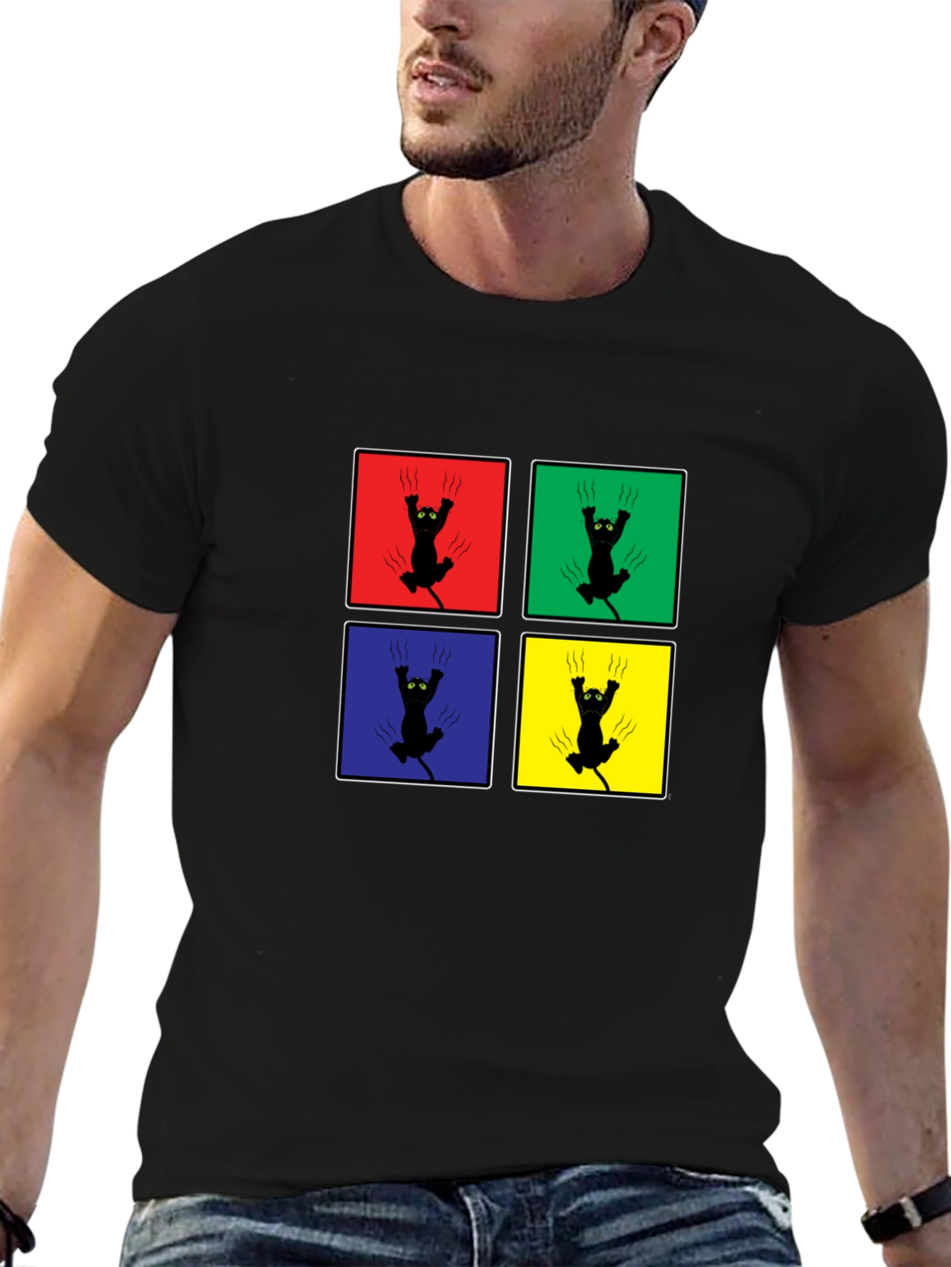 Clawing Cat Graphic Tee - Pop Art Black Shirt