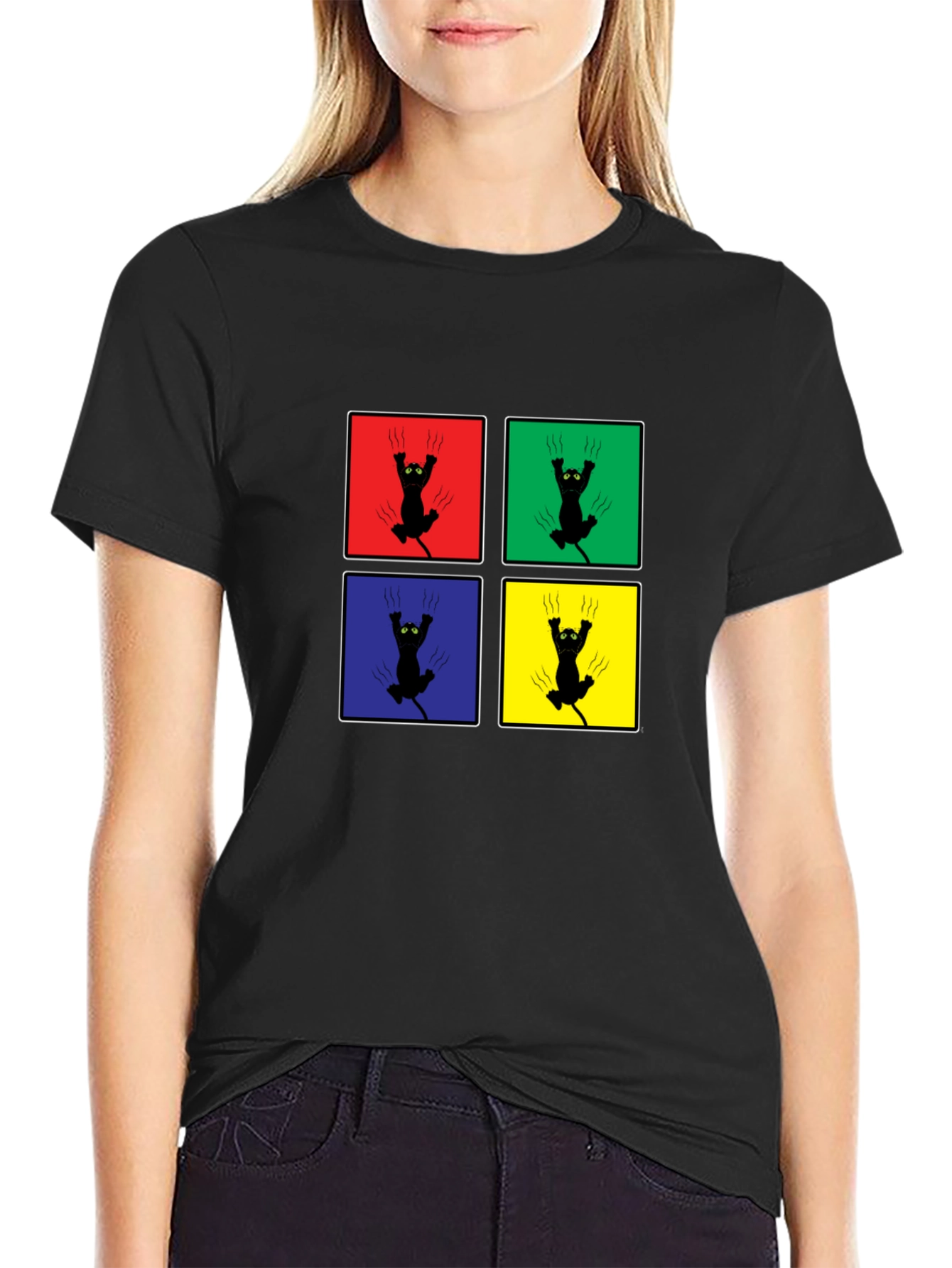 Clawing Cat Graphic Tee - Pop Art Black Shirt