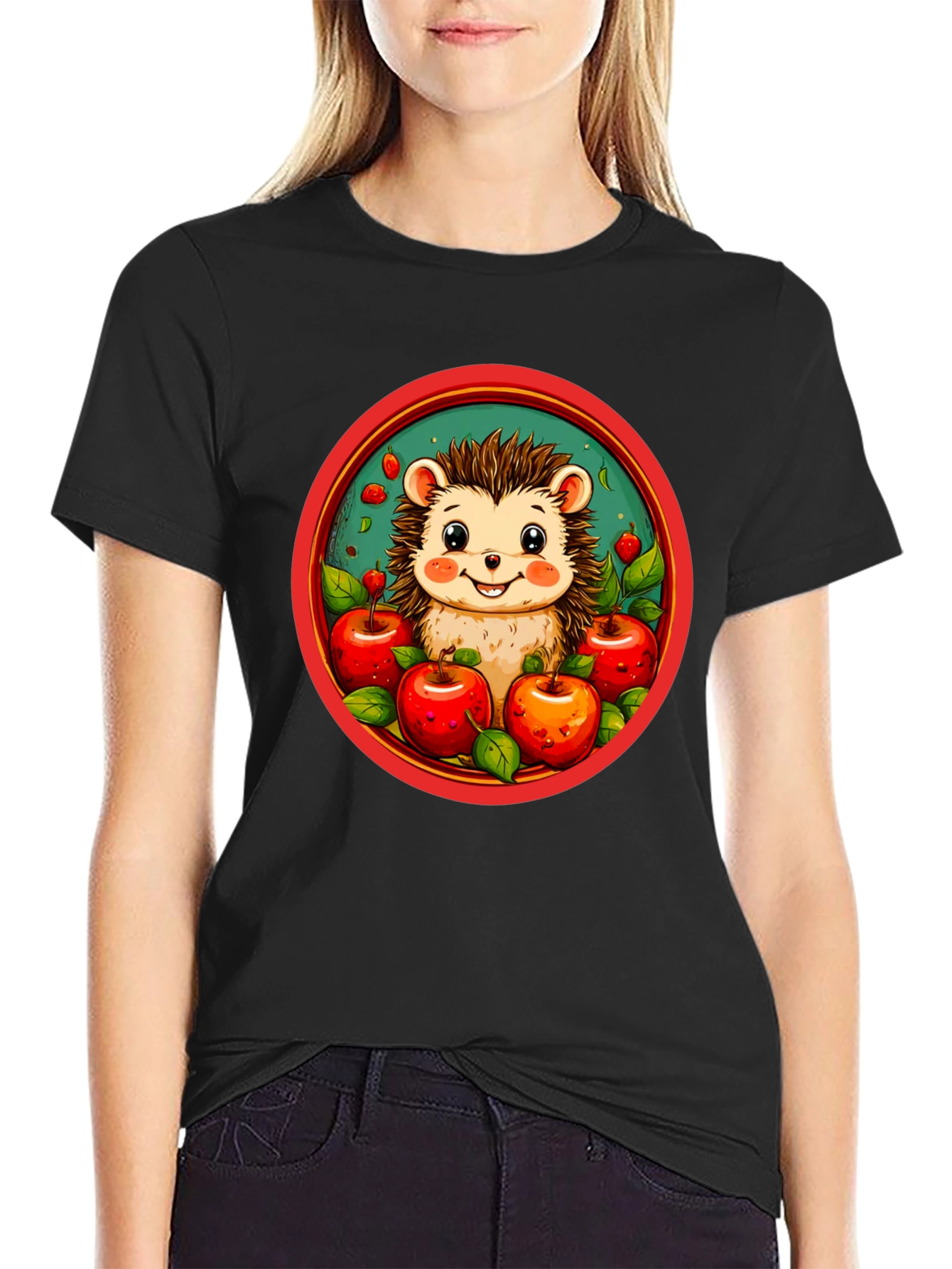 Hedgehog & Apples Graphic Tee - Cute Cartoon T-Shirt