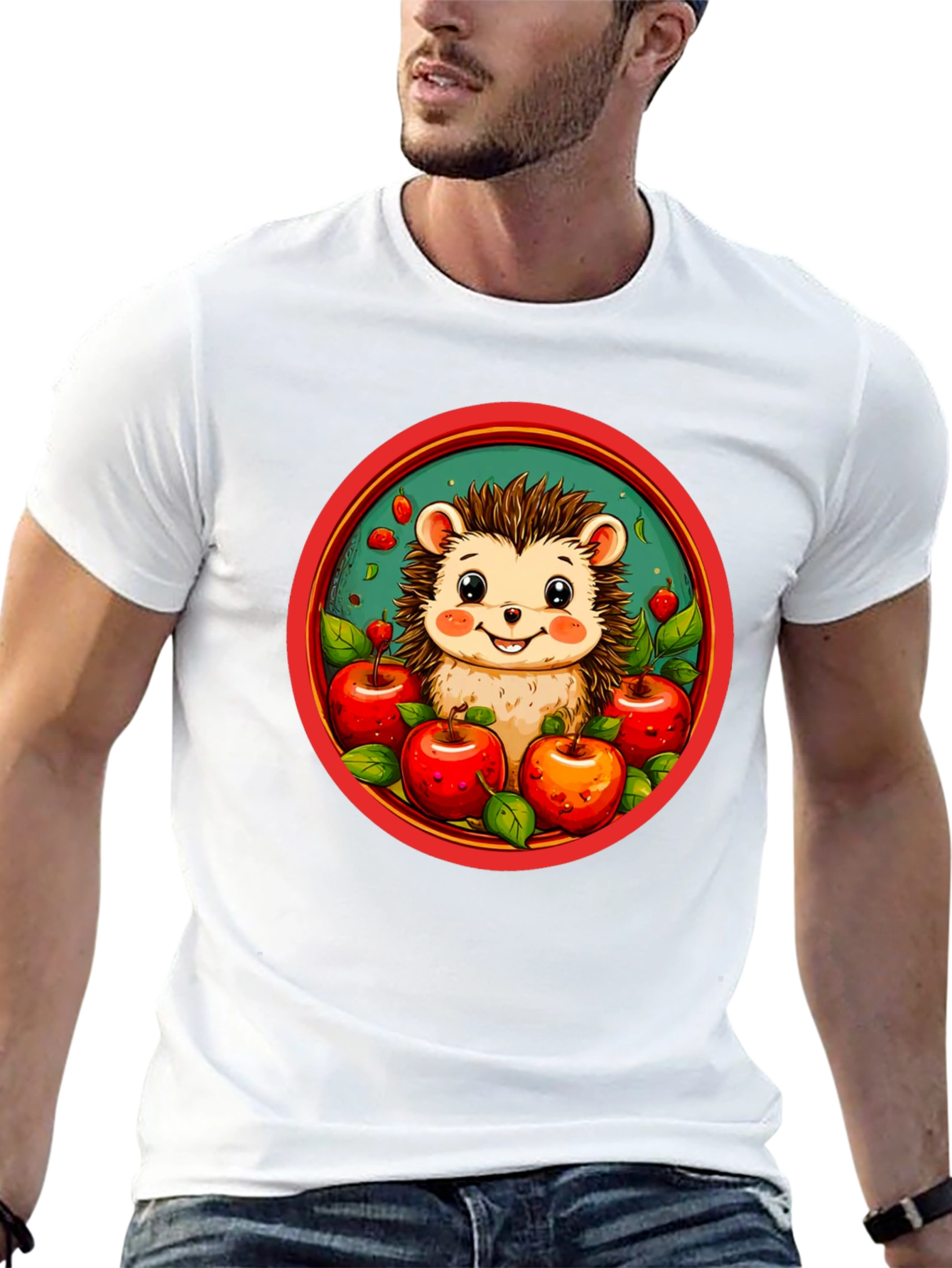 Hedgehog & Apples Graphic Tee - Cute Cartoon T-Shirt