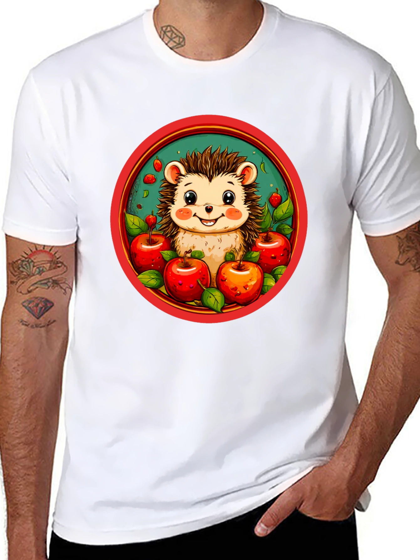 Hedgehog & Apples Graphic Tee - Cute Cartoon T-Shirt