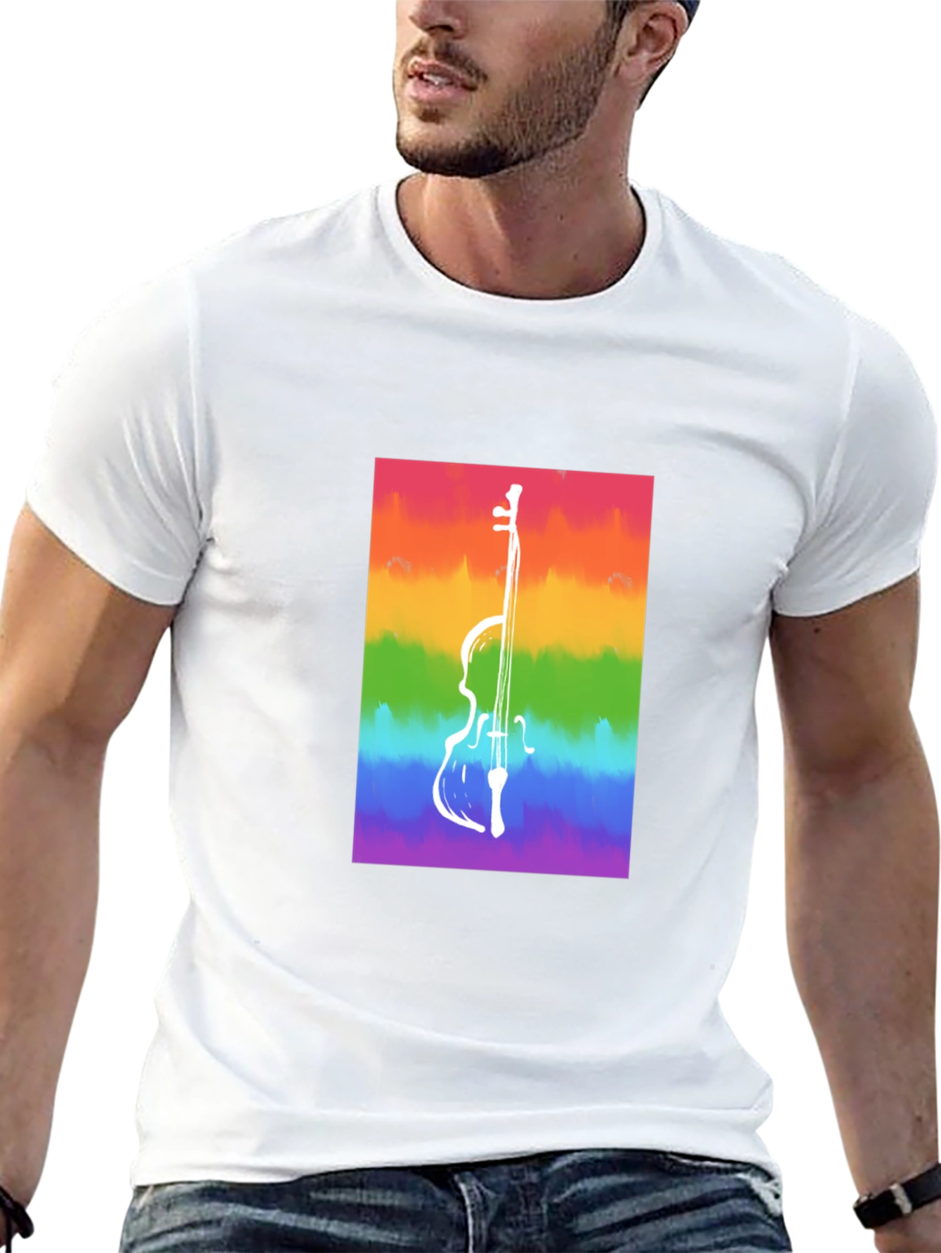 Rainbow Cello Graphic Tee - Black Cotton Casual Shirt