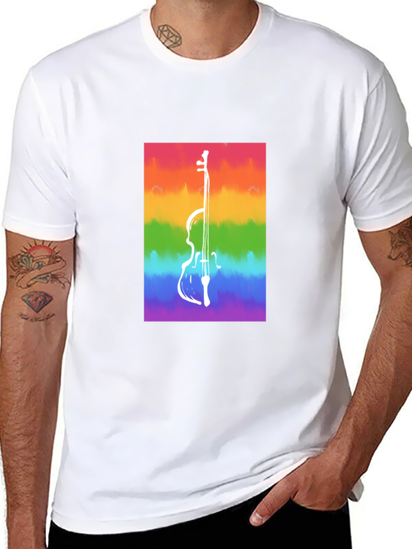 Rainbow Cello Graphic Tee - Black Cotton Casual Shirt