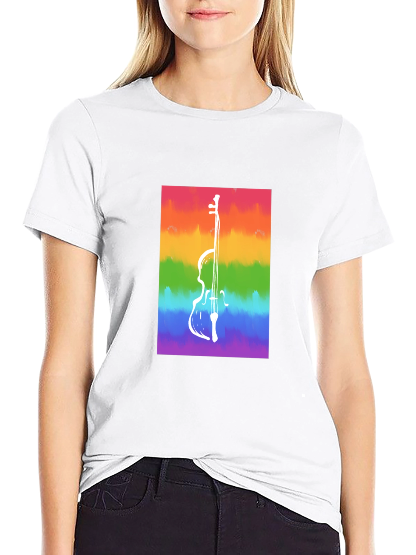 Rainbow Cello Graphic Tee - Black Cotton Casual Shirt