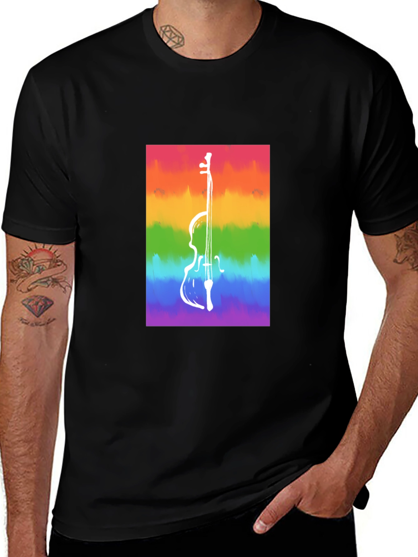 Rainbow Cello Graphic Tee - Black Cotton Casual Shirt