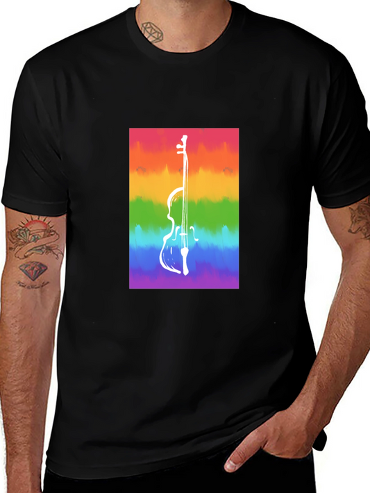 Rainbow Cello Graphic Tee - Black Cotton Casual Shirt