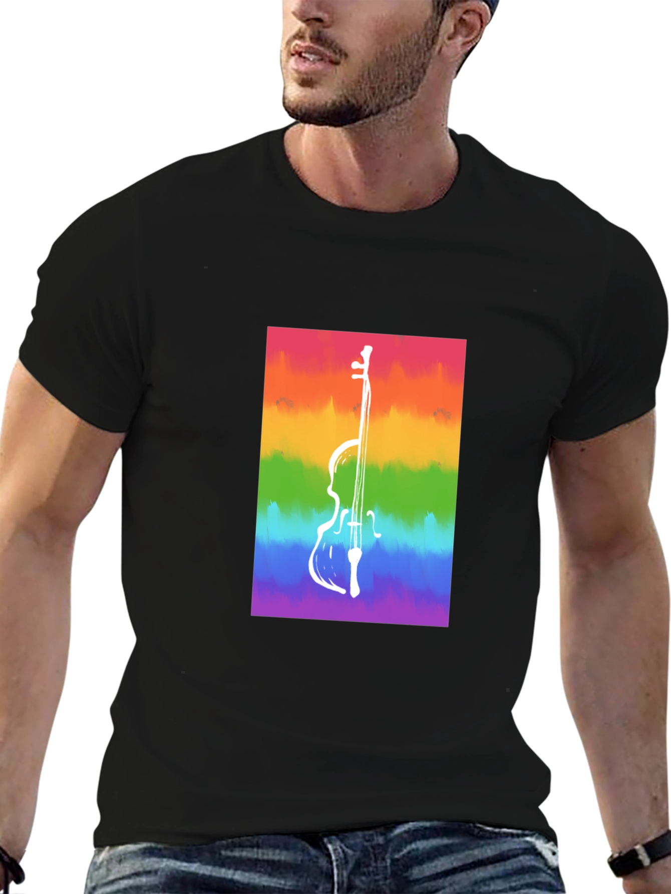 Rainbow Cello Graphic Tee - Black Cotton Casual Shirt