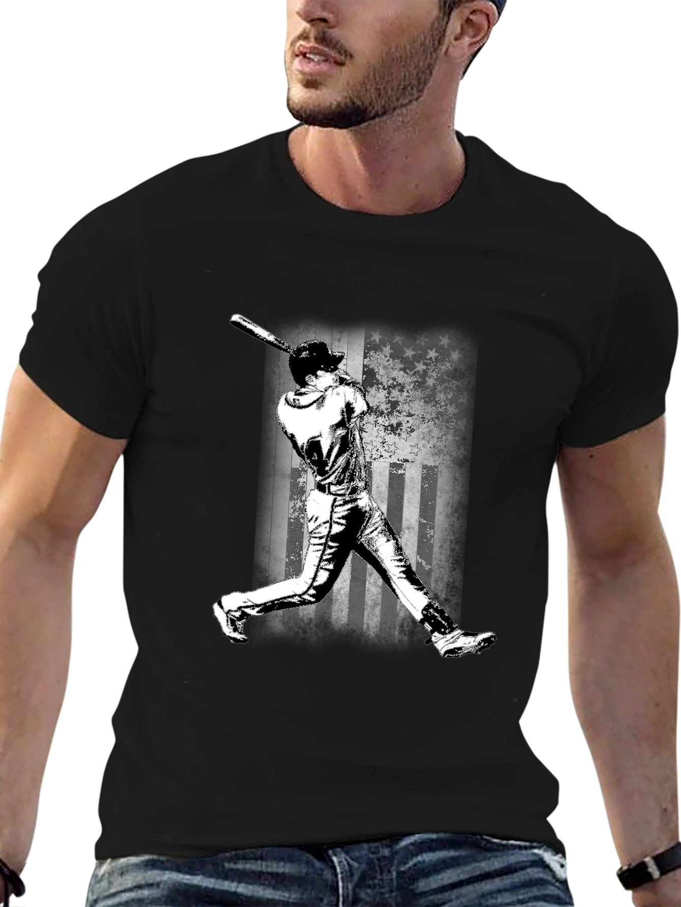 Baseball Flag Graphic Tee - Black Cotton T-Shirt