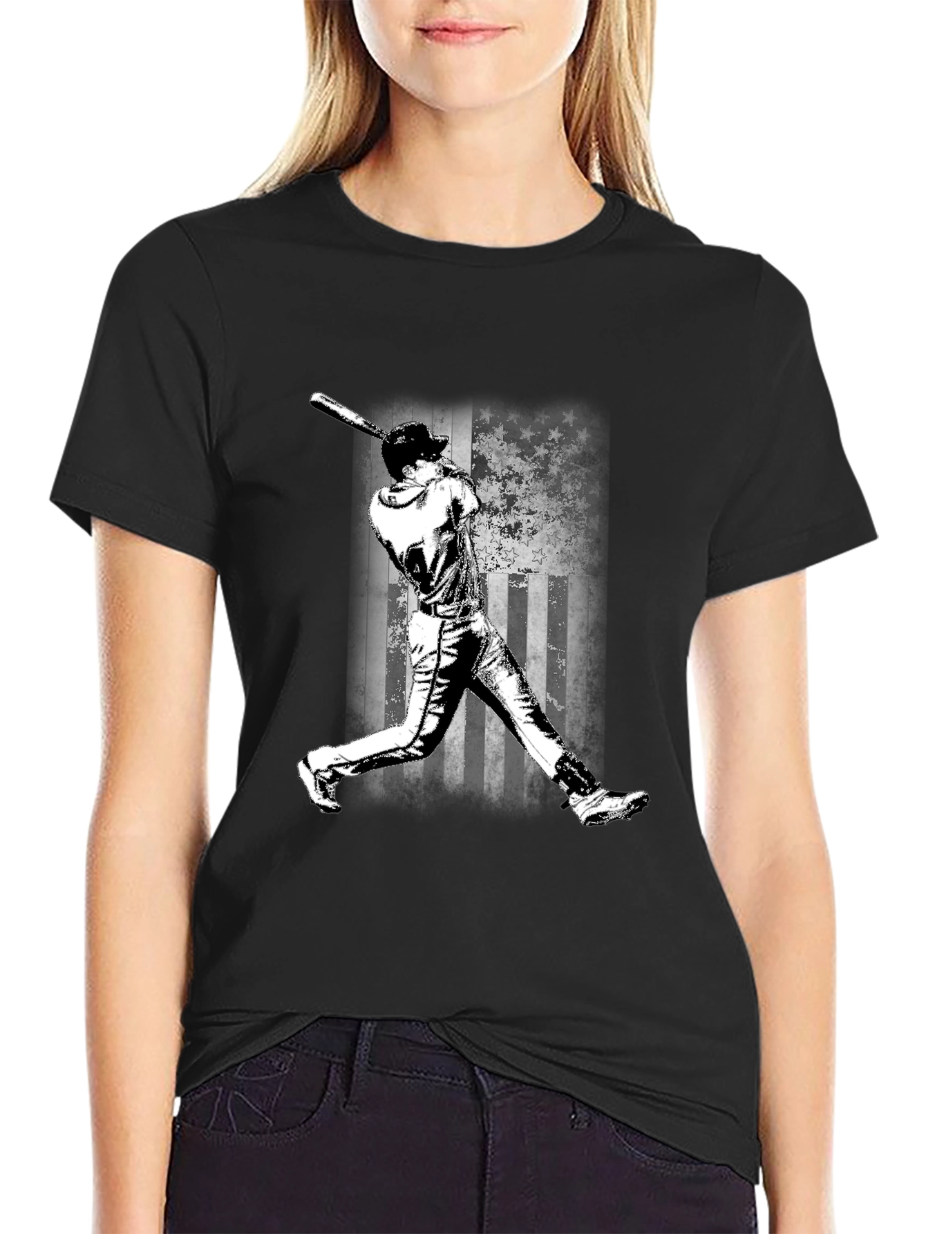 Baseball Flag Graphic Tee - Black Cotton T-Shirt