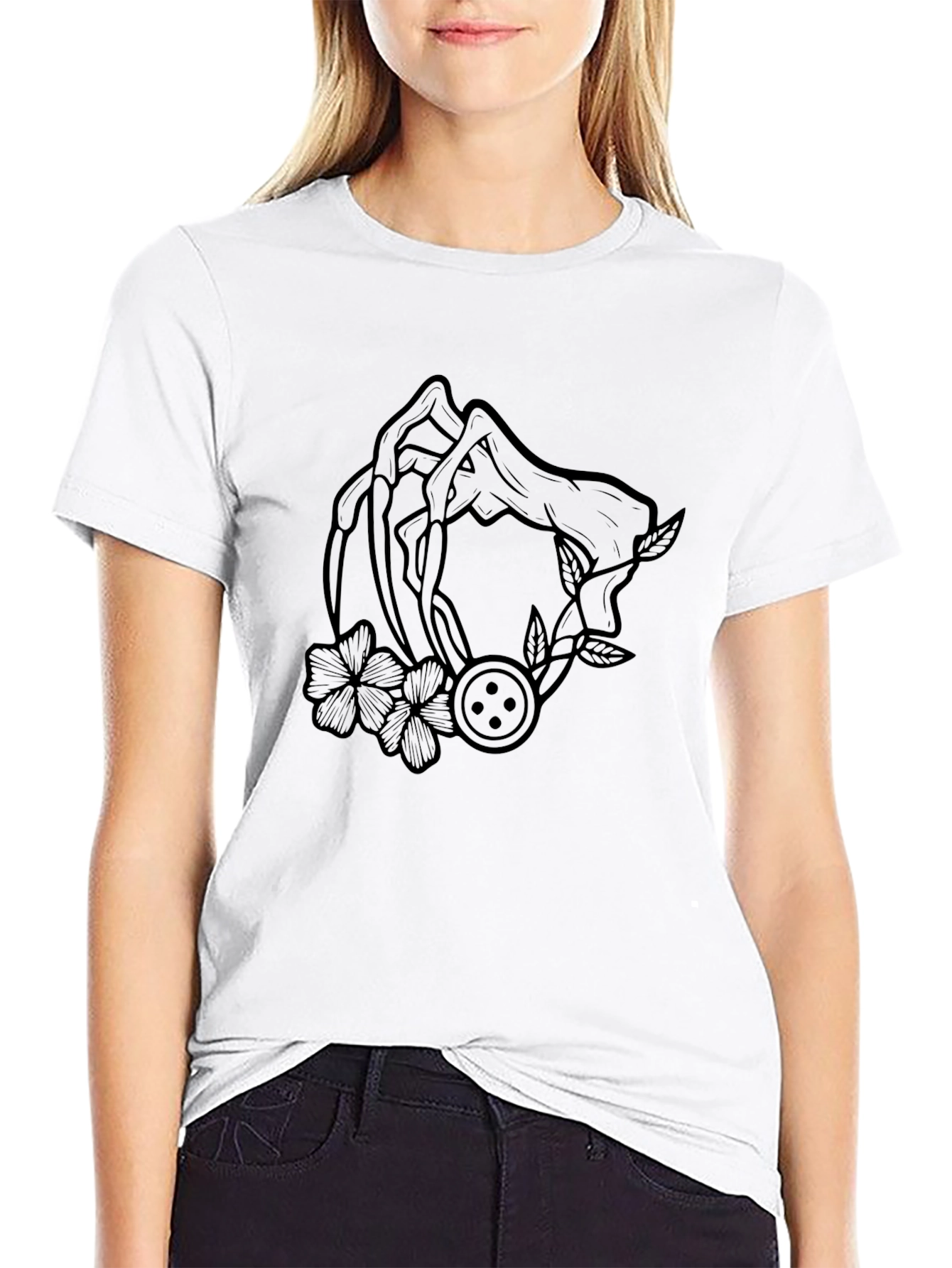 Graphic Black T-Shirt with Floral Button Design