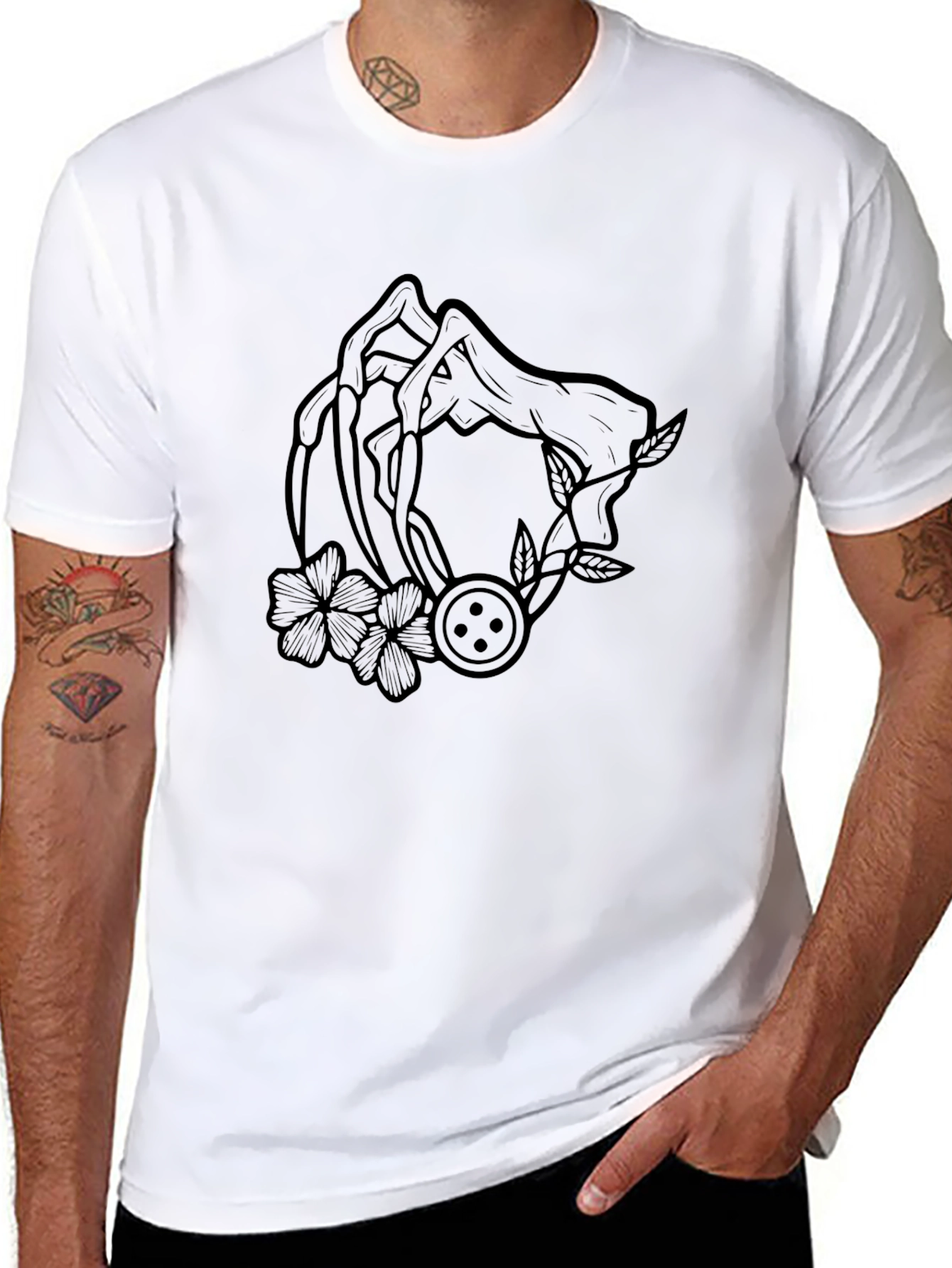 Graphic Black T-Shirt with Floral Button Design