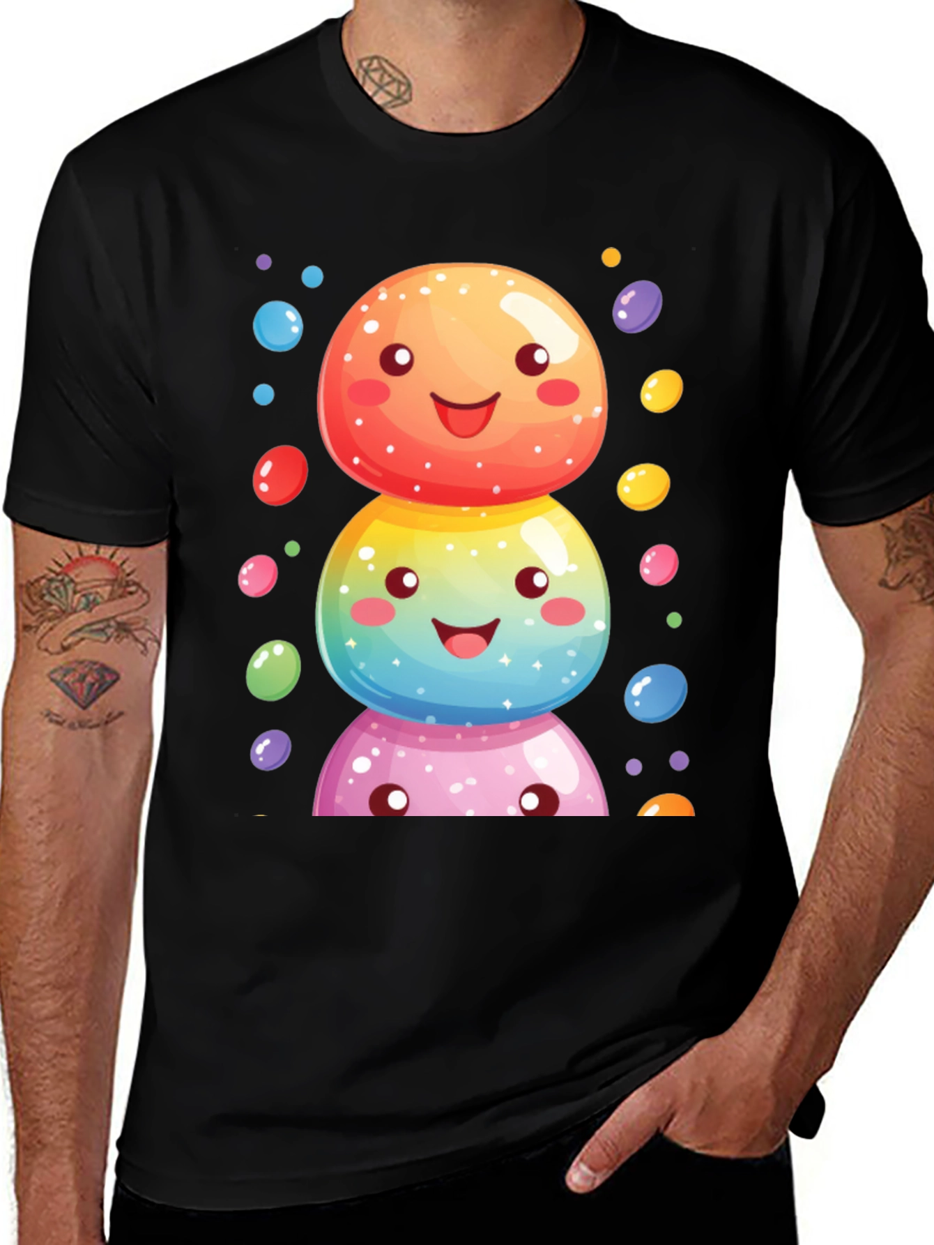 Whimsical Candy Stack Graphic Tee - Black