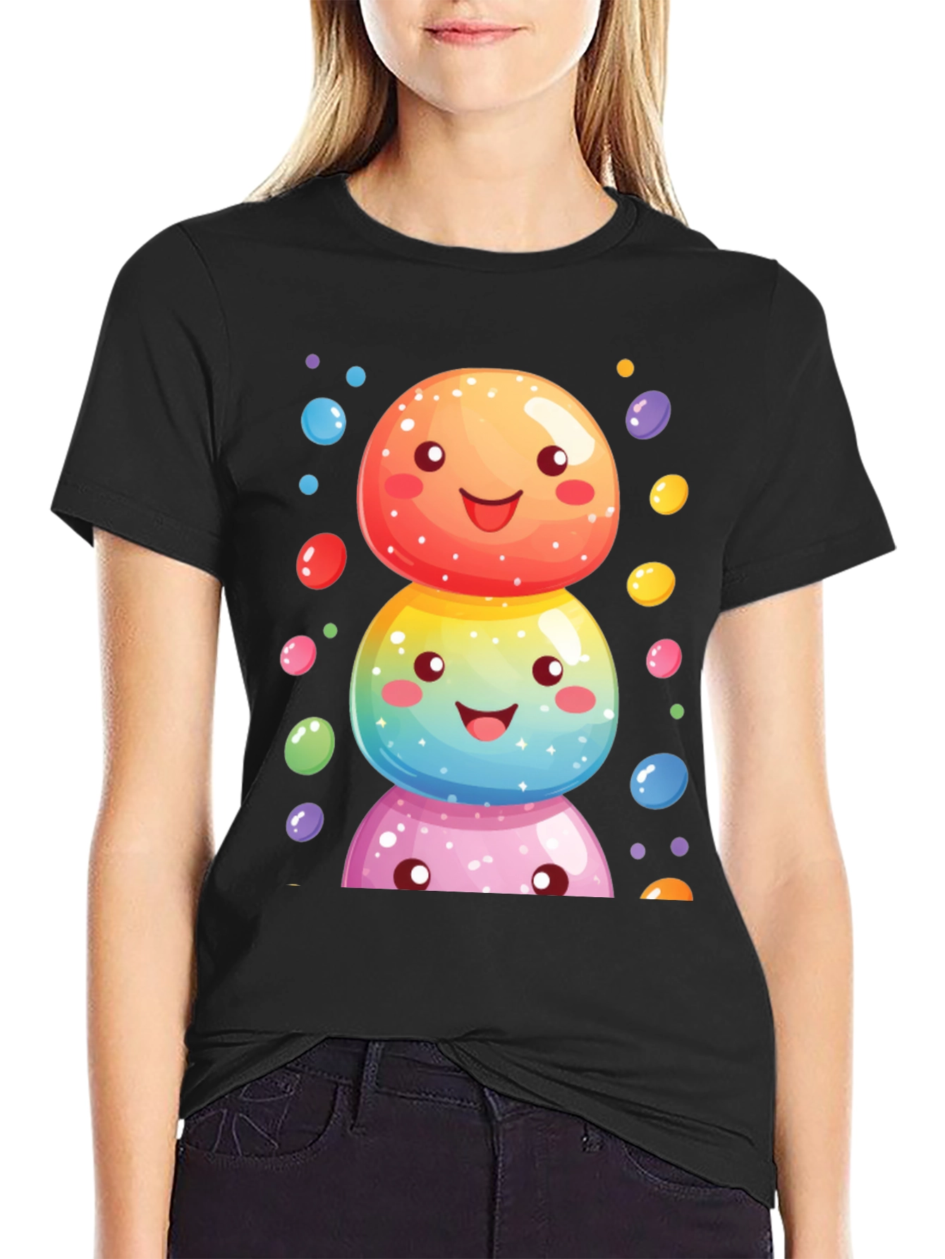 Whimsical Candy Stack Graphic Tee - Black