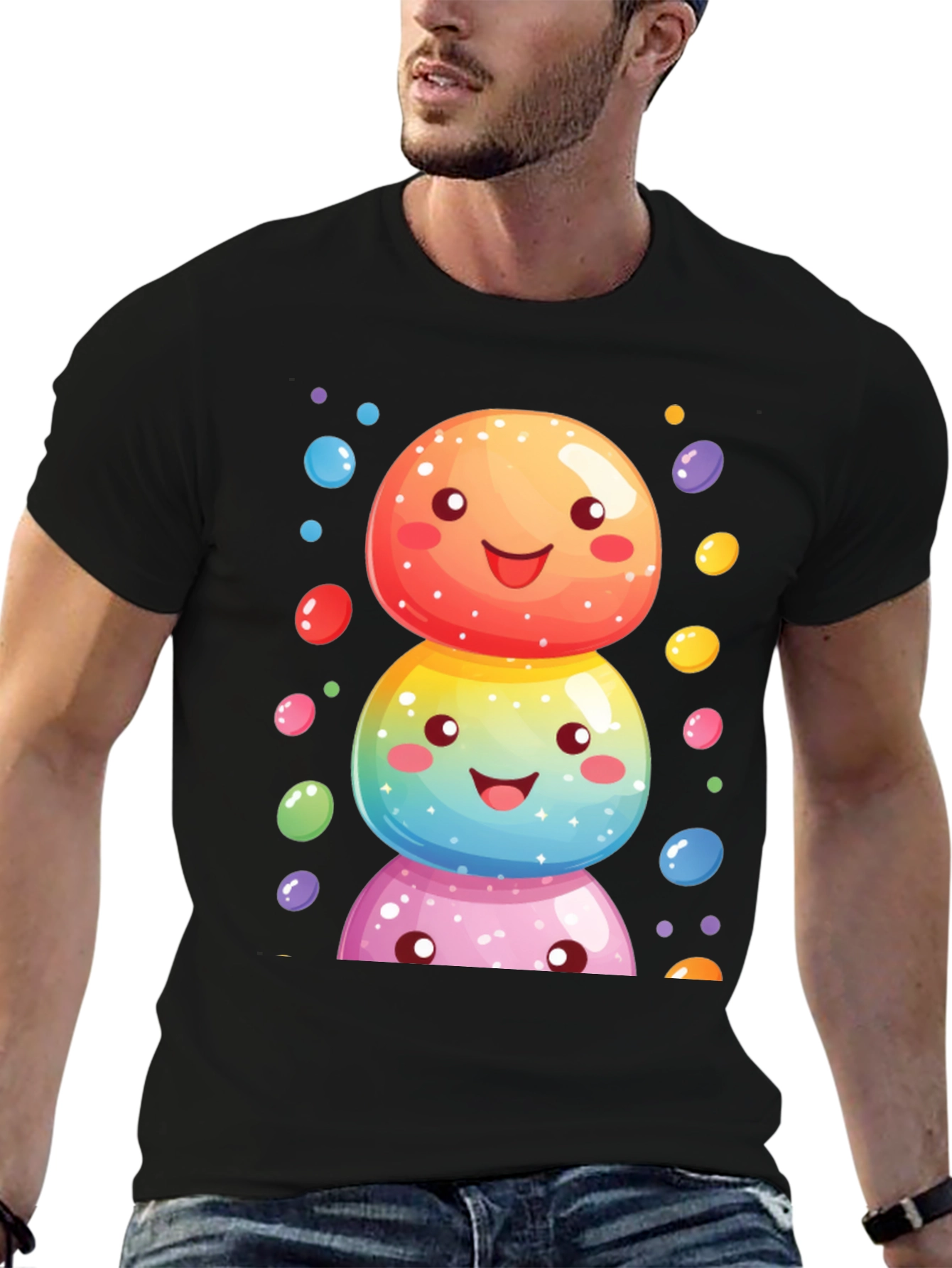 Whimsical Candy Stack Graphic Tee - Black