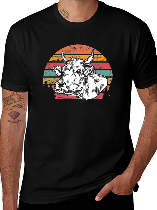 Vintage Cow Graphic Tee - Retro Sunset Design