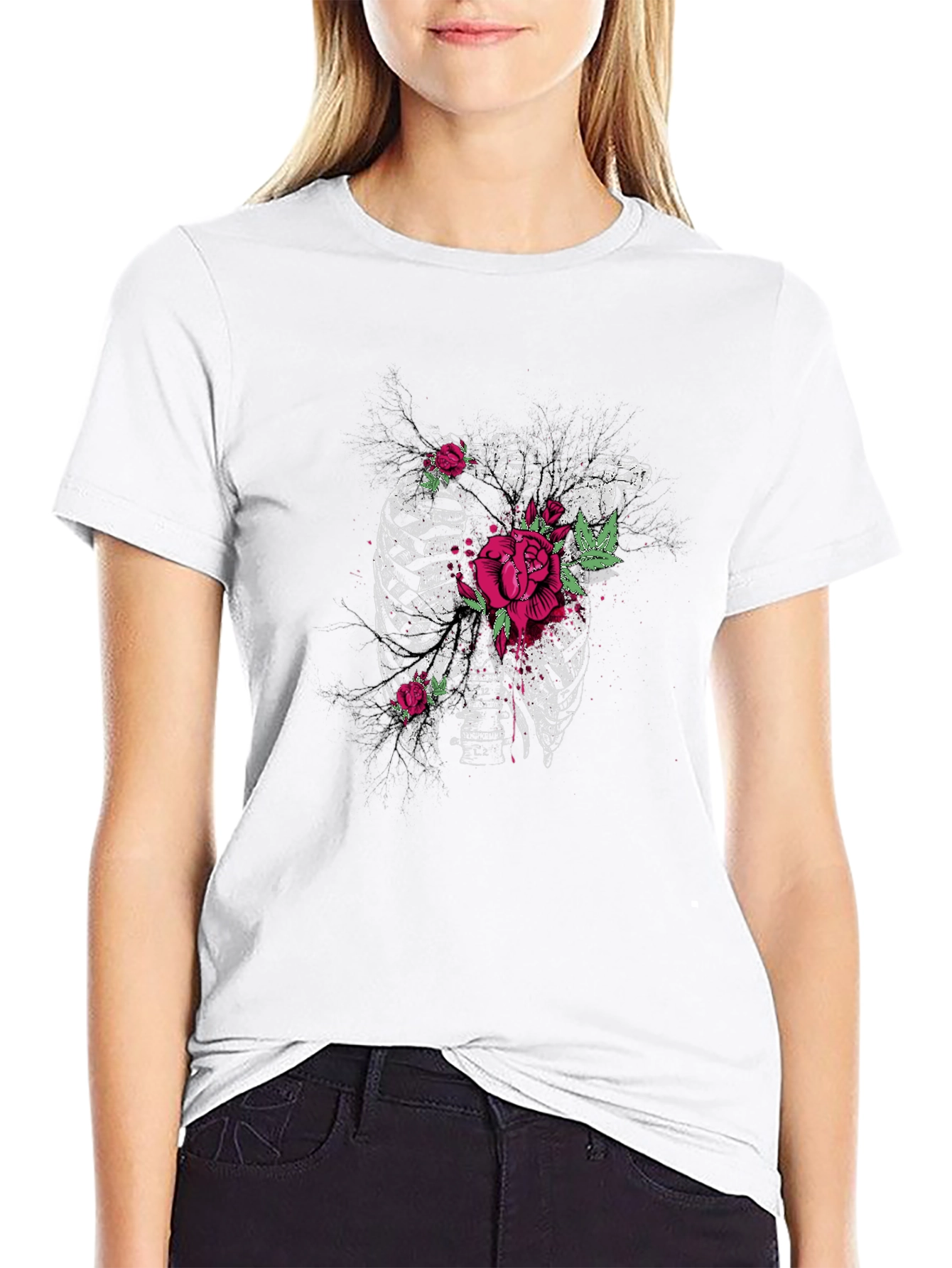 Ribcage Roses Graphic Tee - Black Cotton T-Shirt