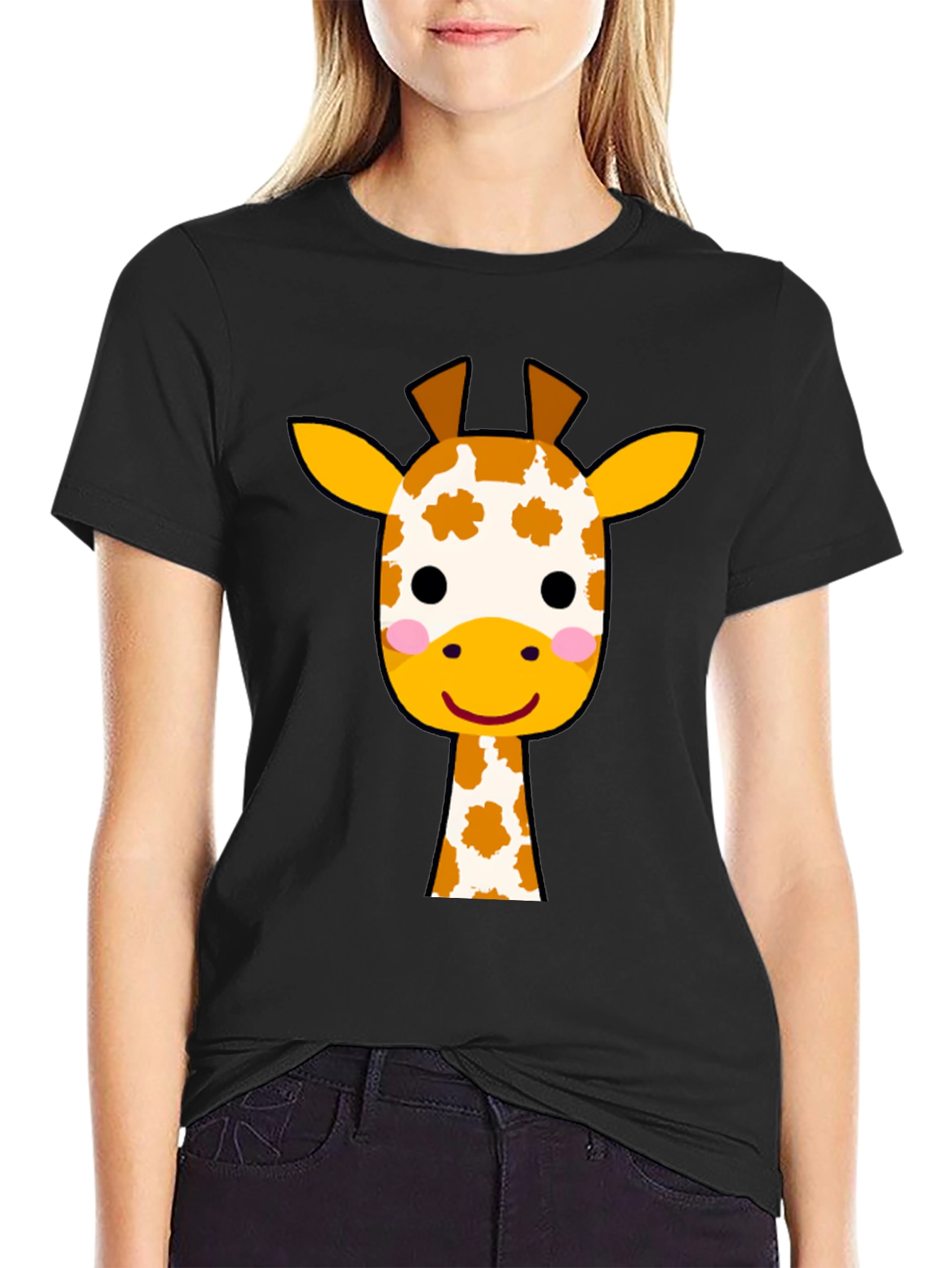 Cute Giraffe Graphic Tee - Black Cotton T-Shirt