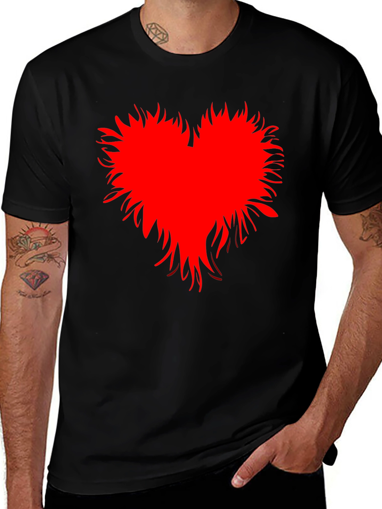 Edgy Red Heart Graphic Black T-Shirt