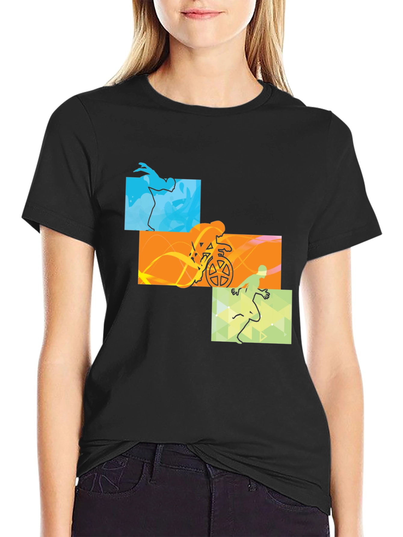 Triathlon Black T-Shirt: Swim Cycle Run Design