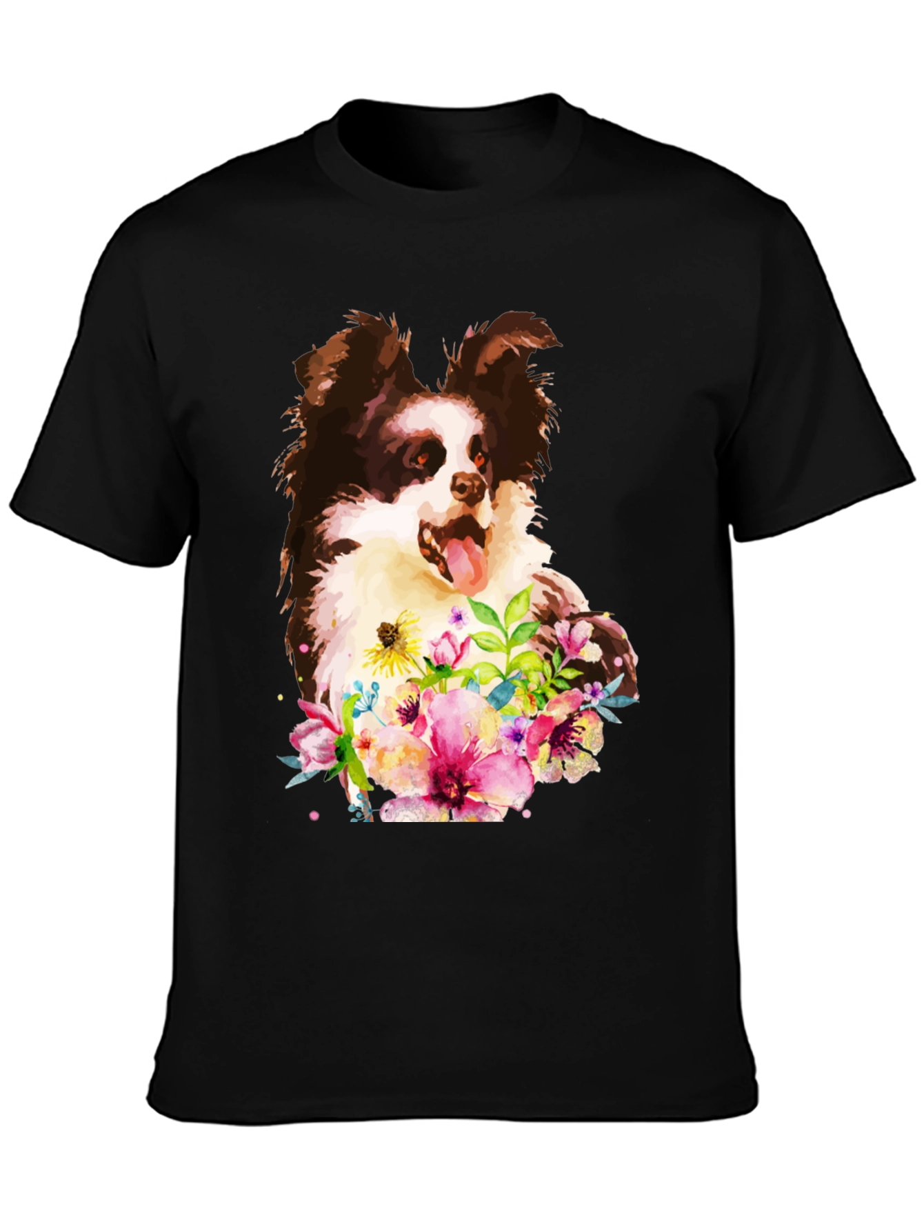Dog & Floral Black T-Shirt - Unique Design