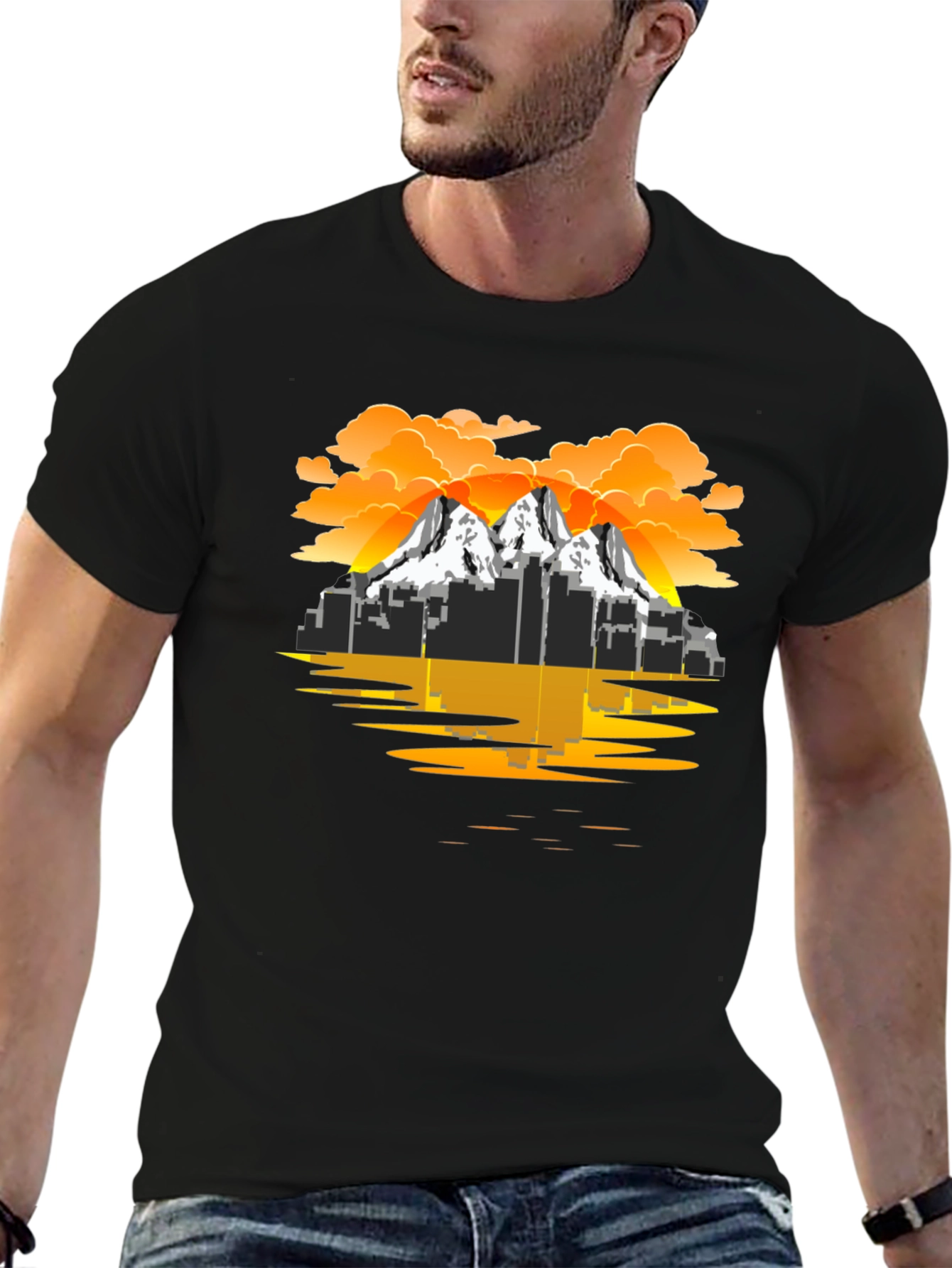 Cityscape Mountain Graphic Tee - Black T-Shirt