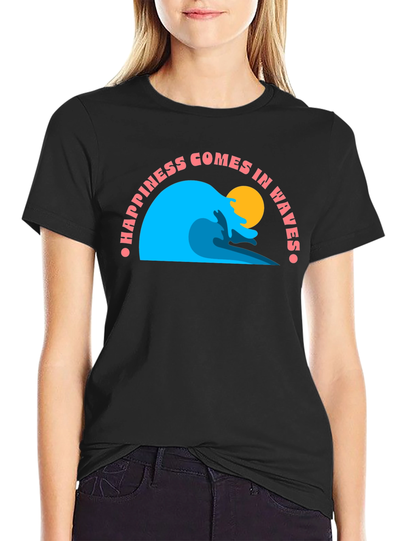 Happiness Comes in Waves Black T-Shirt