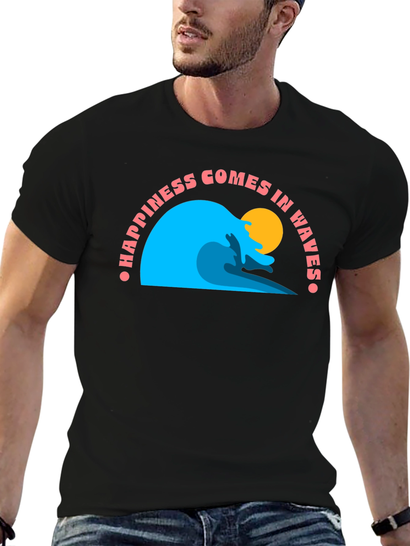 Happiness Comes in Waves Black T-Shirt