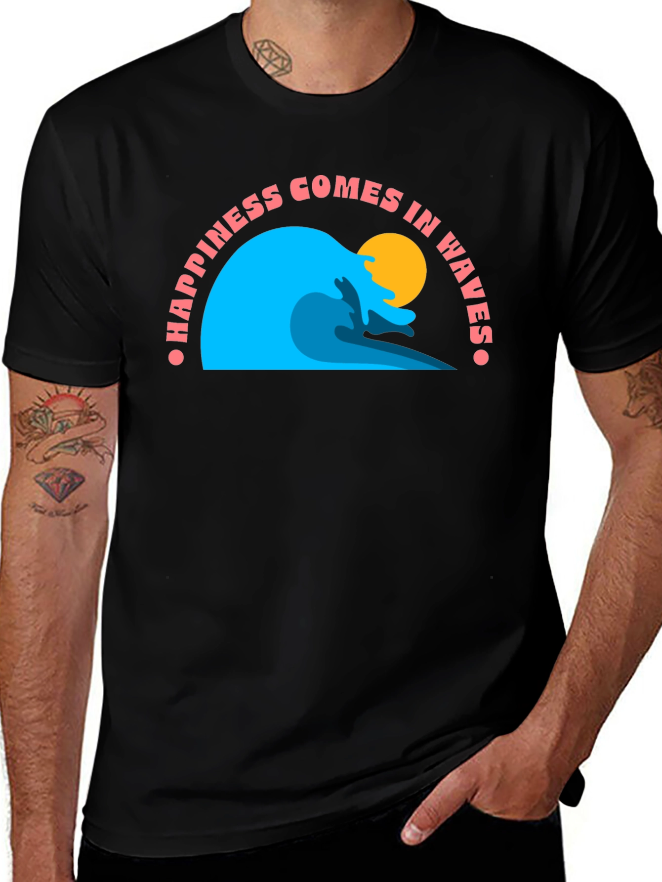 Happiness Comes in Waves Black T-Shirt