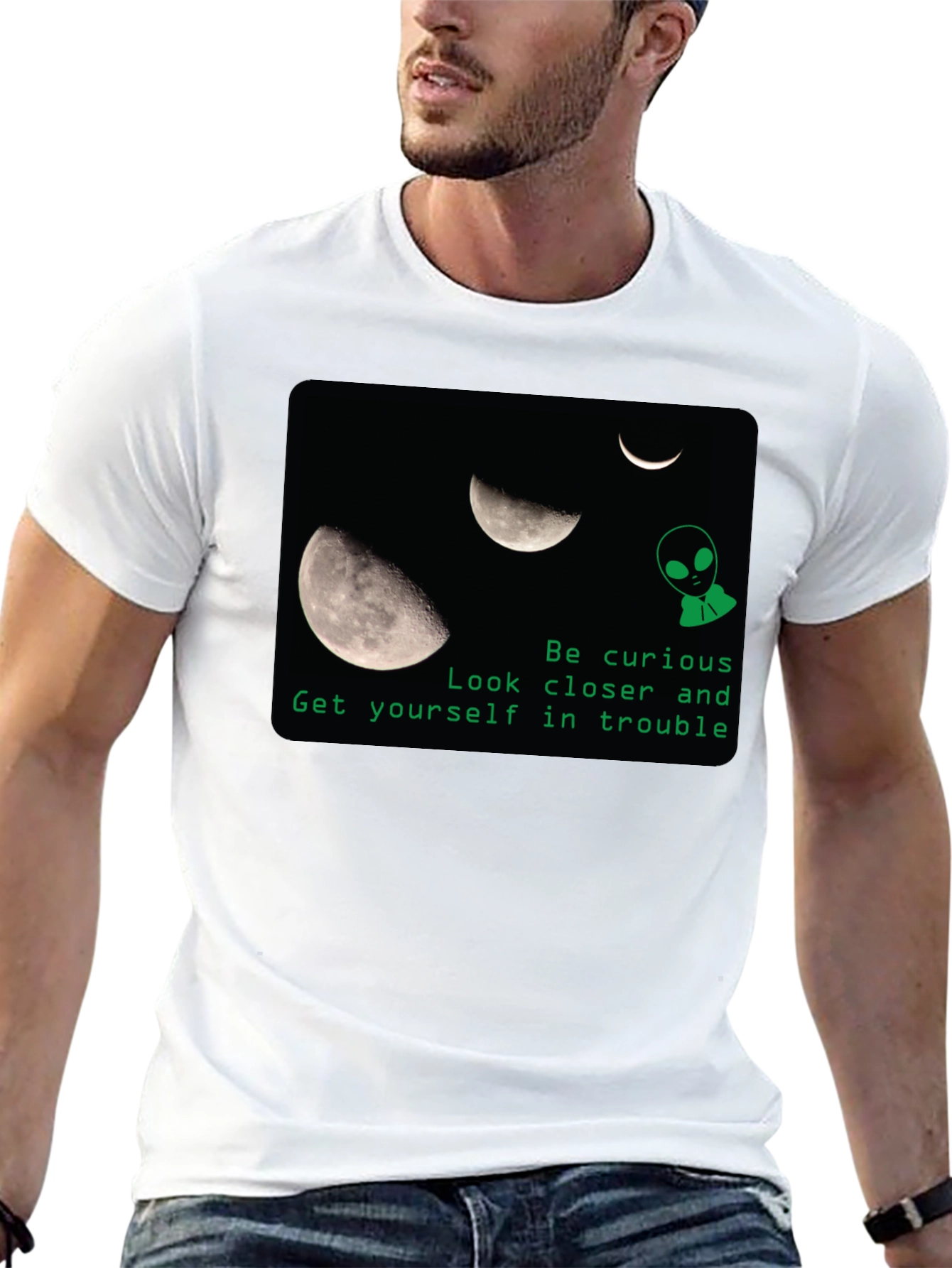 Curious Alien Moon Graphic T-Shirt