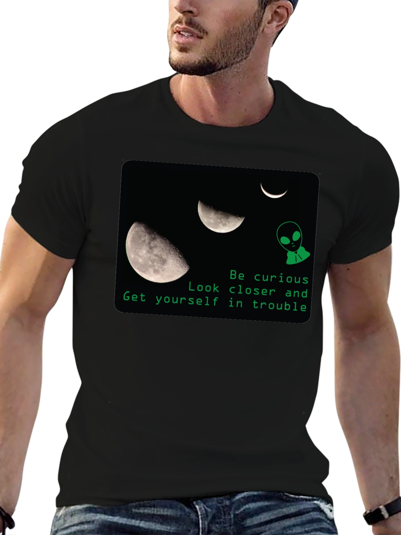Curious Alien Moon Graphic T-Shirt