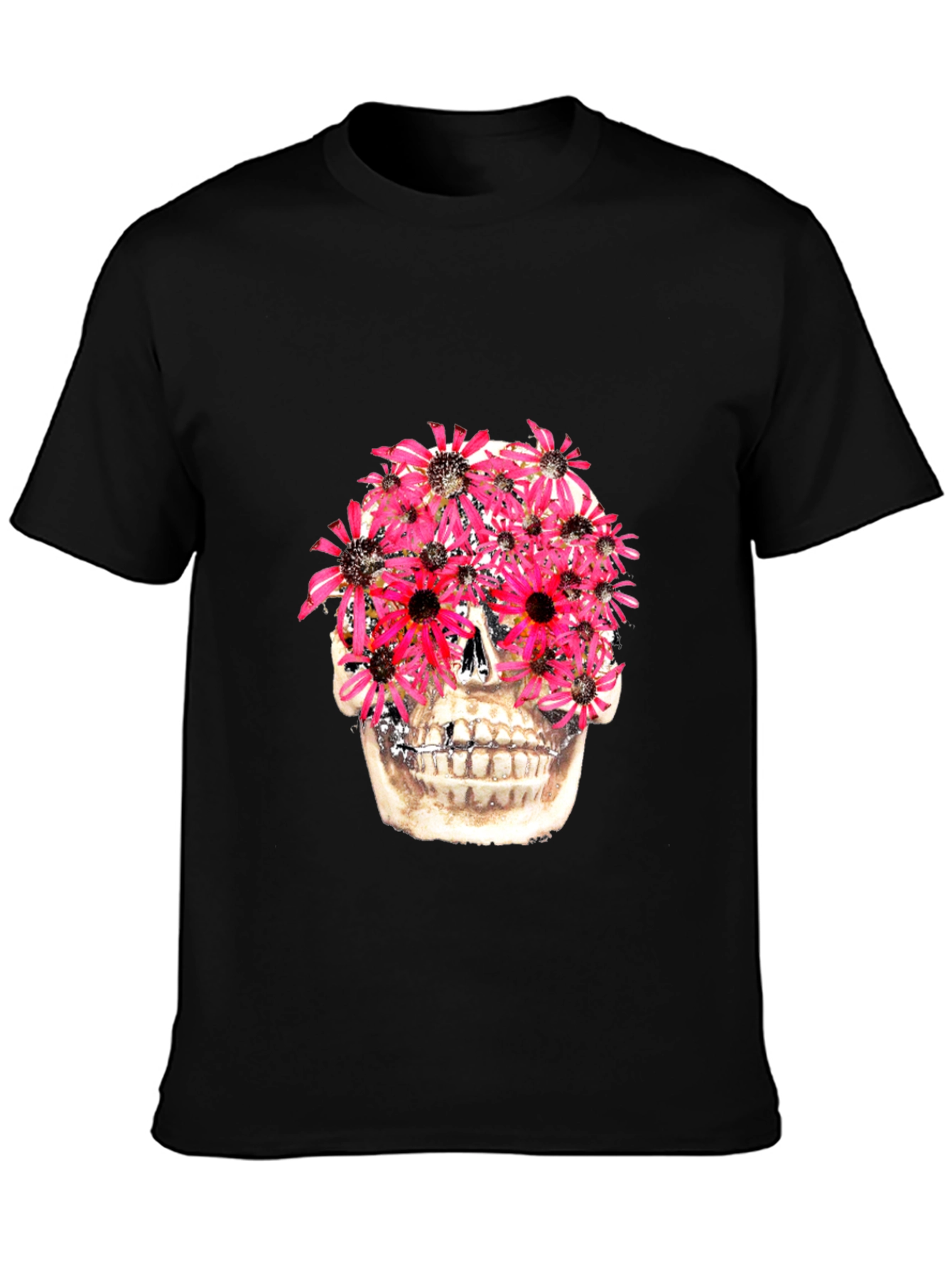 Floral Skull Graphic Tee - Black Cotton T-Shirt
