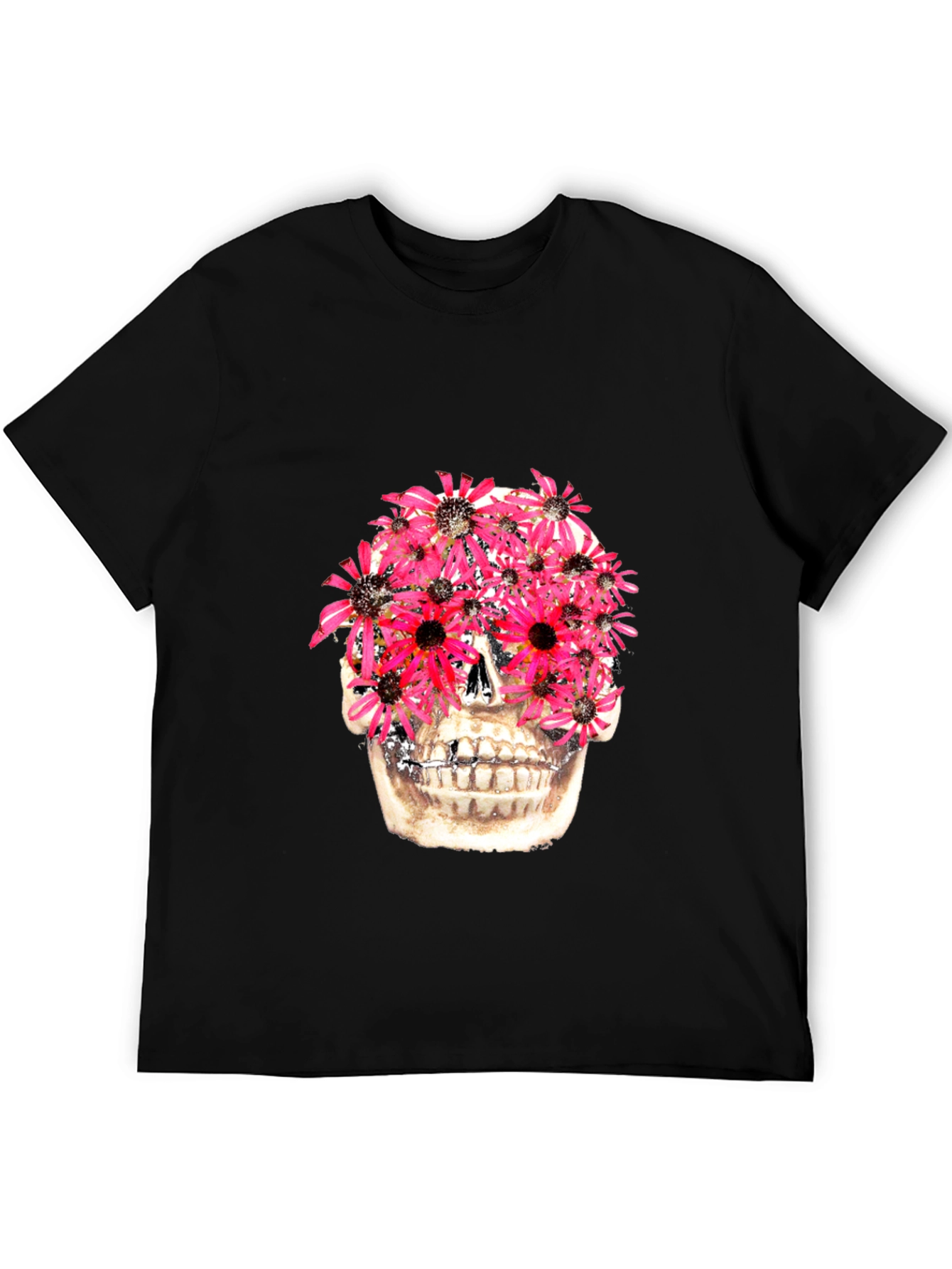 Floral Skull Graphic Tee - Black Cotton T-Shirt