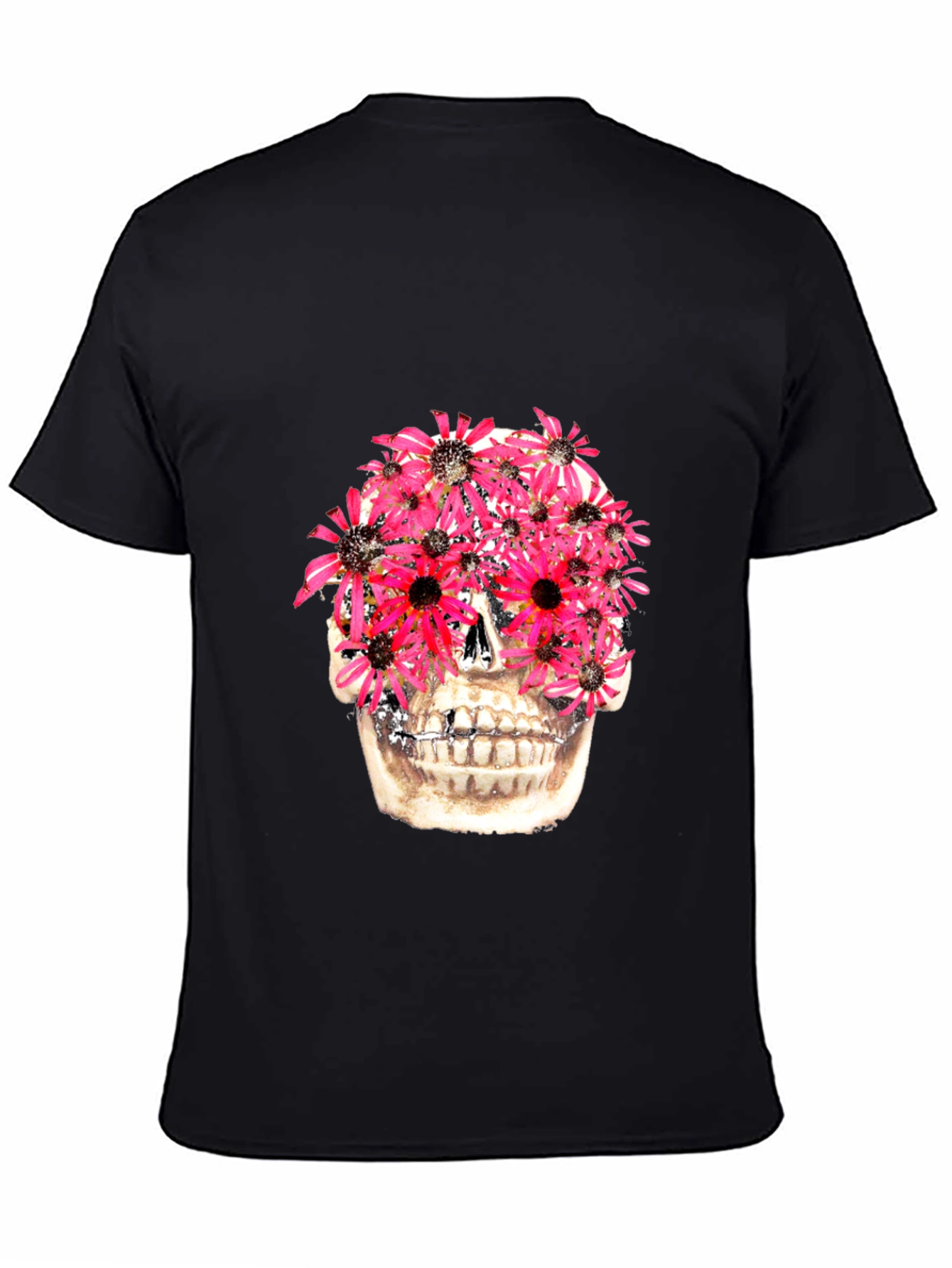 Floral Skull Graphic Tee - Black Cotton T-Shirt