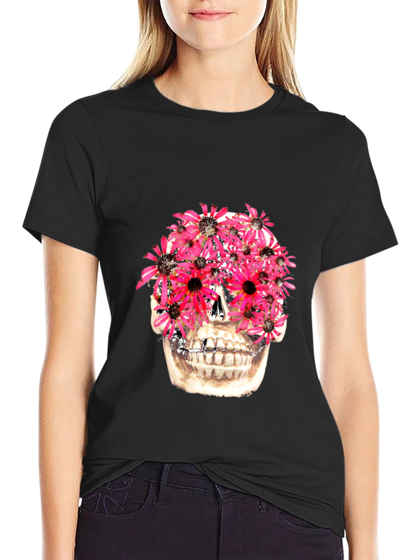 Floral Skull Graphic Tee - Black Cotton T-Shirt