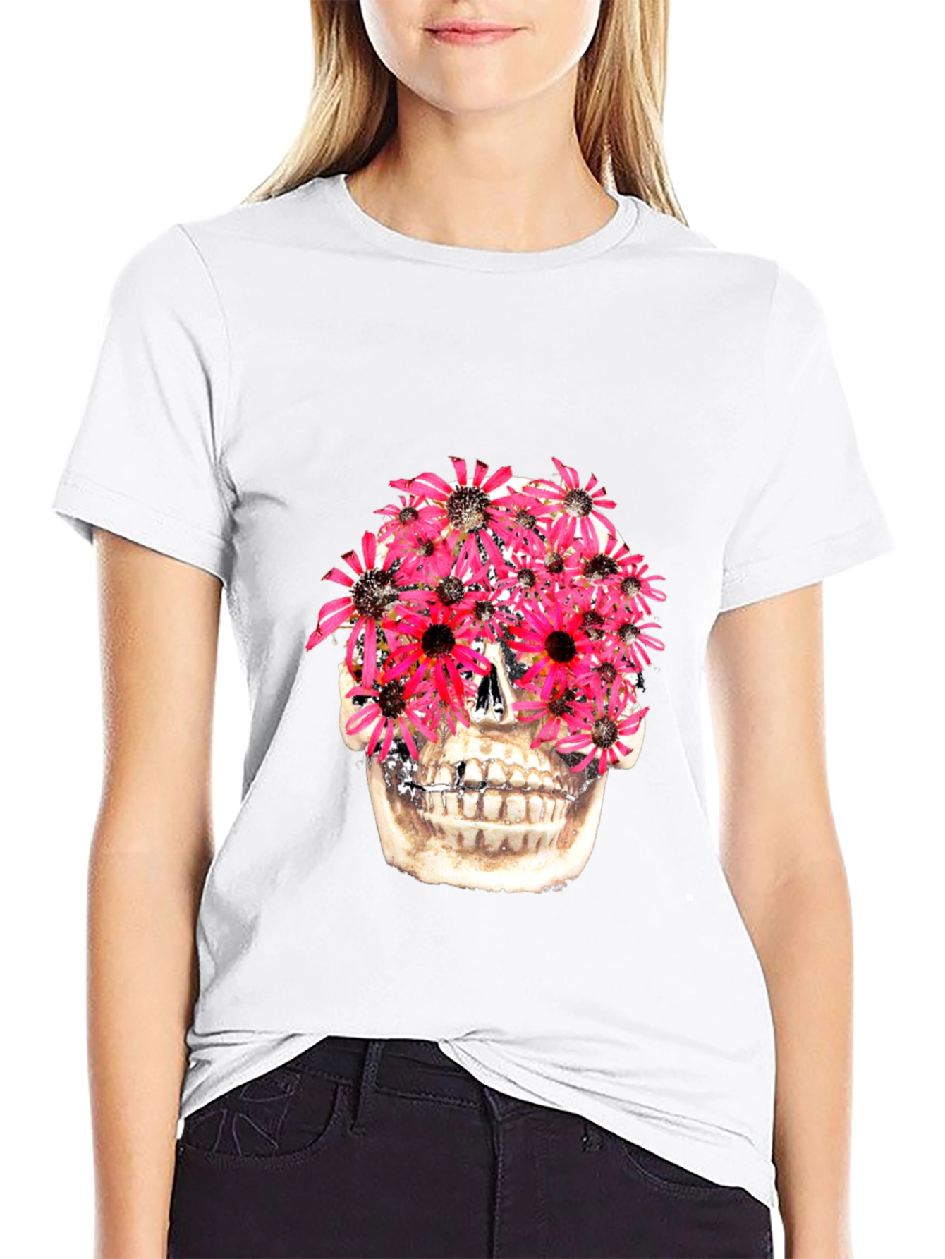 Floral Skull Graphic Tee - Black Cotton T-Shirt