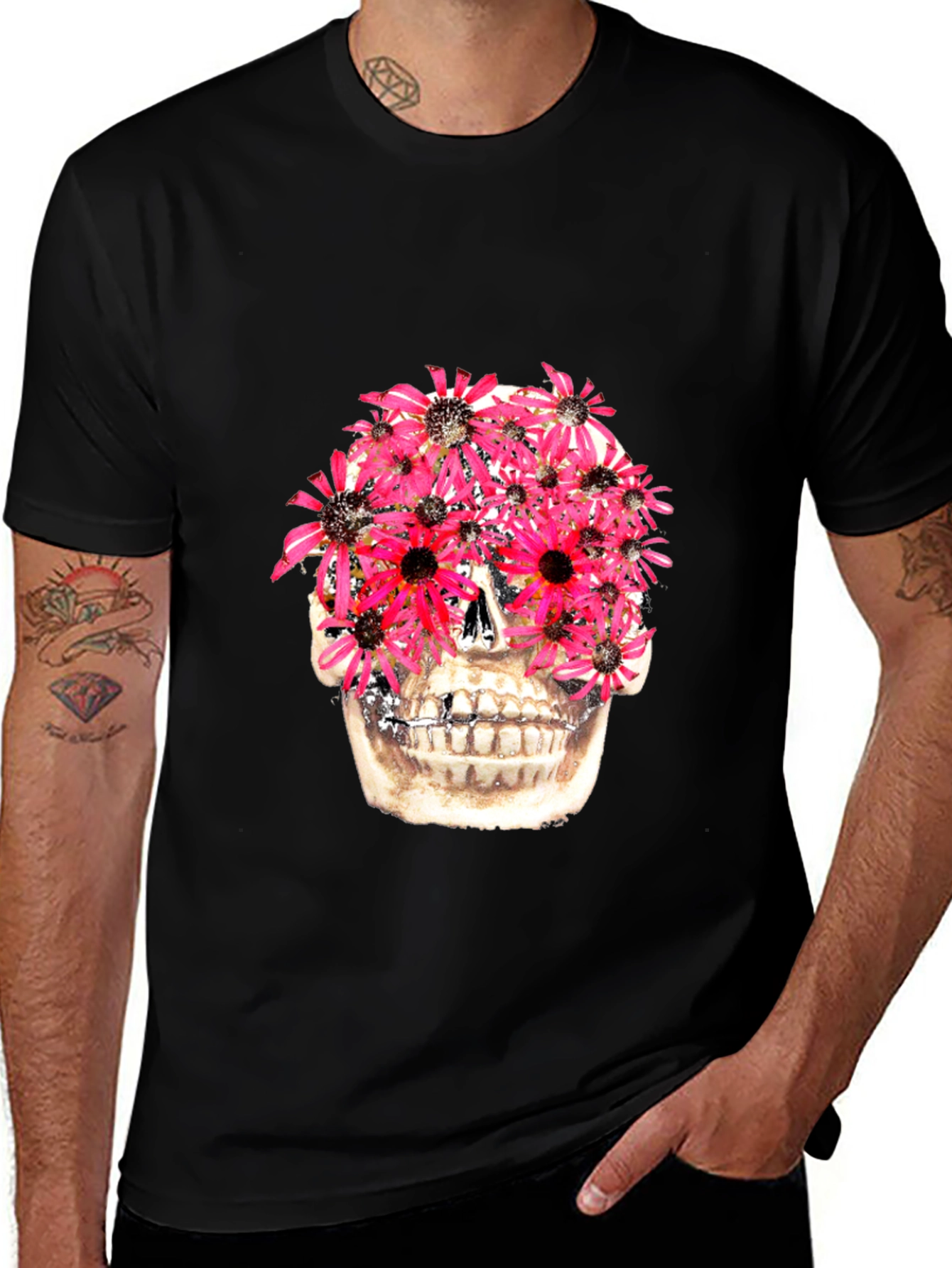 Floral Skull Graphic Tee - Black Cotton T-Shirt