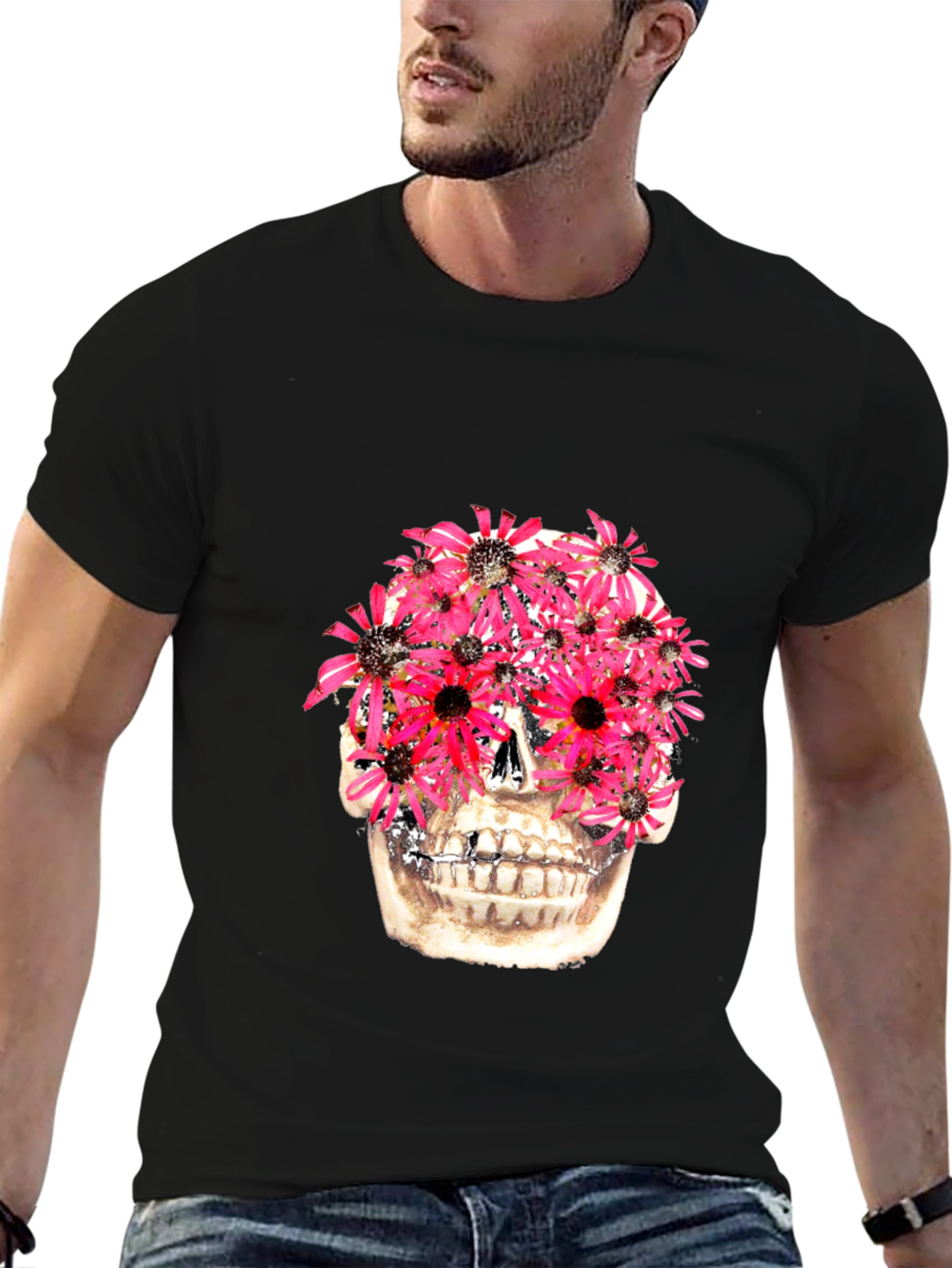 Floral Skull Graphic Tee - Black Cotton T-Shirt