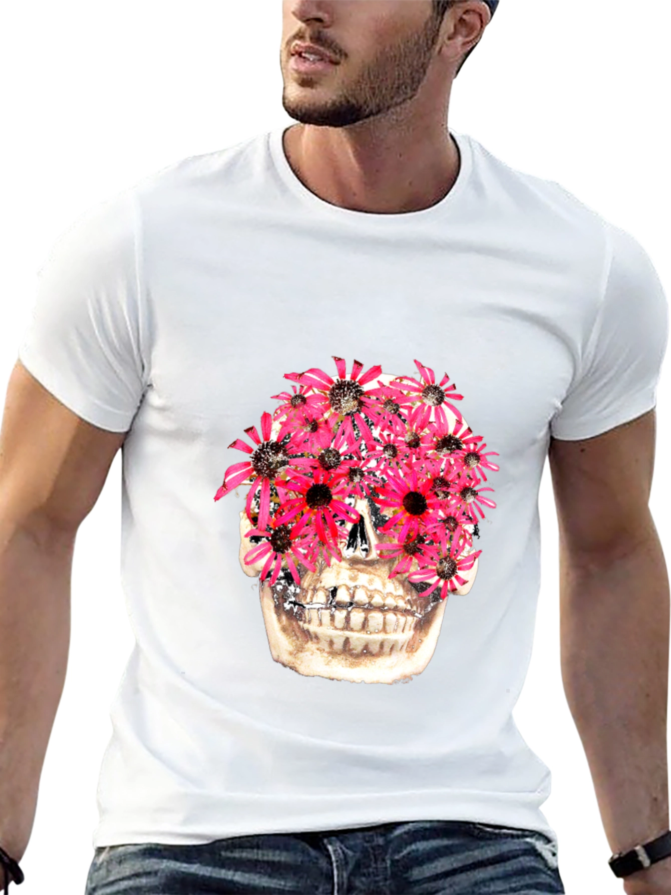 Floral Skull Graphic Tee - Black Cotton T-Shirt