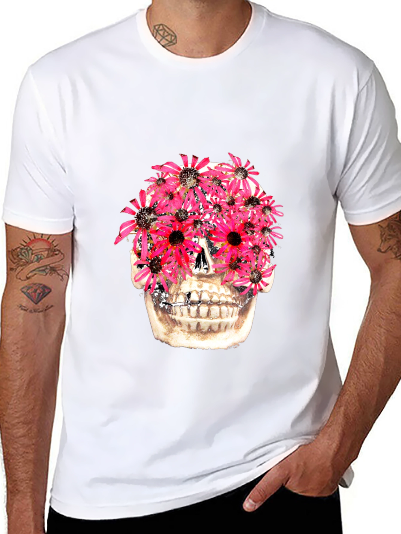Floral Skull Graphic Tee - Black Cotton T-Shirt