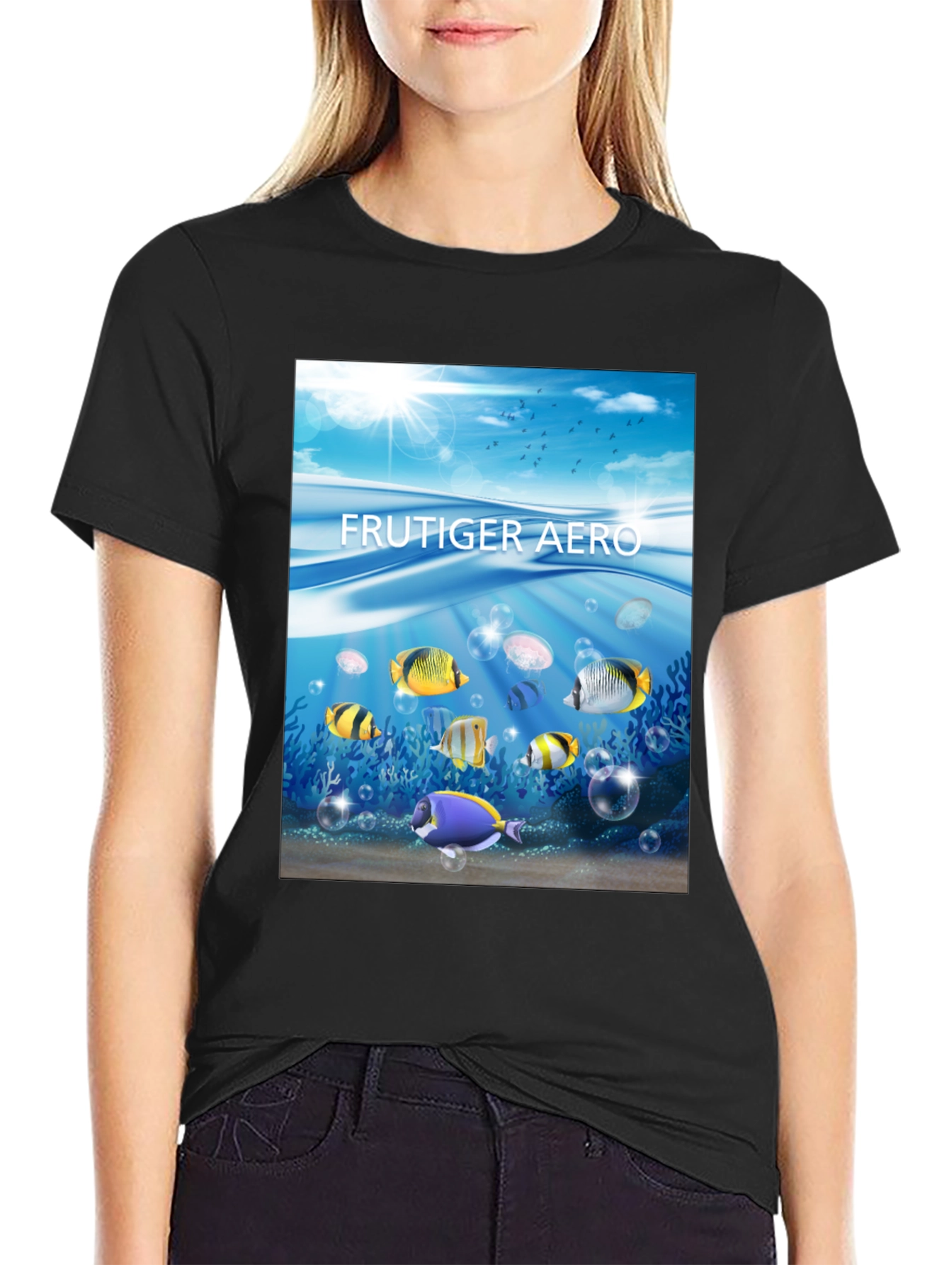Frutiger Aero Fish Graphic Black T-Shirt
