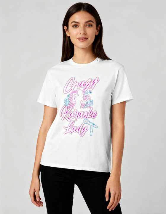Crazy Karaoke Lady Neon Graphic T-Shirt - Karaoke Lover Casual Comfort Tee