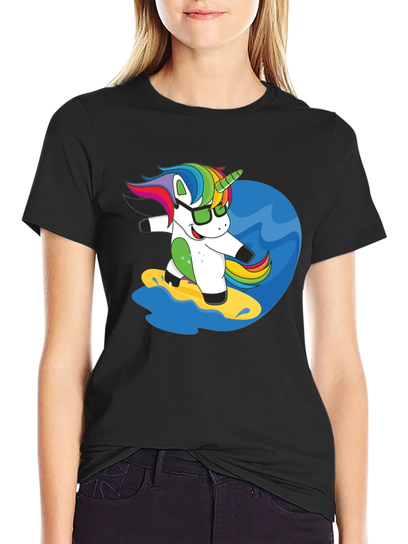 Surfing Unicorn Graphic Tee - Black