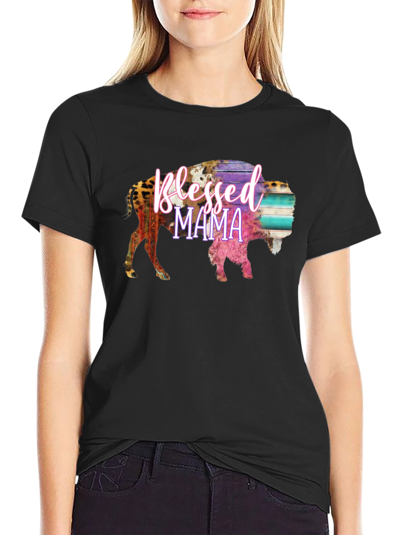 Blessed Mama Bison Graphic Tee - Black
