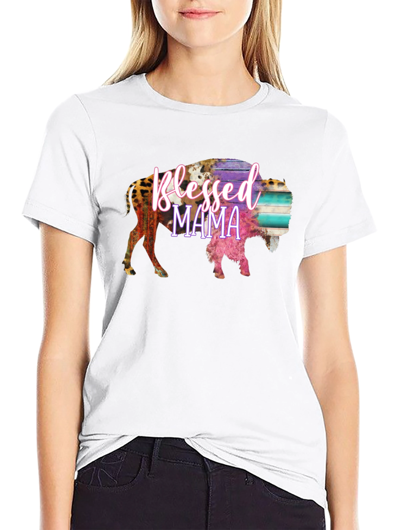 Blessed Mama Bison Graphic Tee - Black
